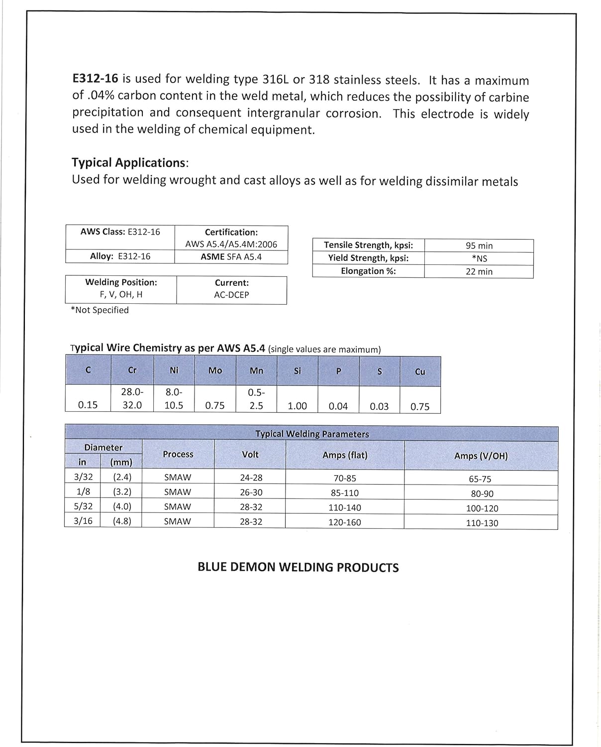 Blue Demon E312-16 X 5/32" X 12" X 5LB# Tube Stainless Steel Arc Welding Electrode