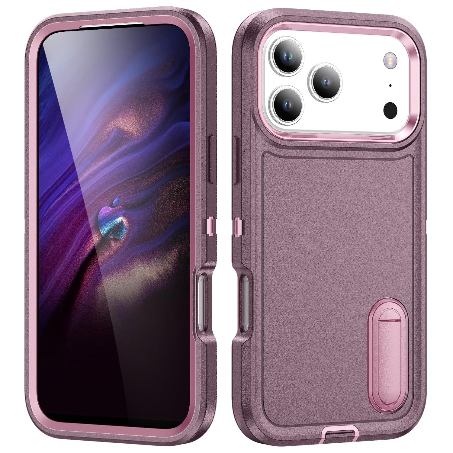 Coque iPhone 17 Pro Max violette et rose rigide antichoc en silicone avec béquille