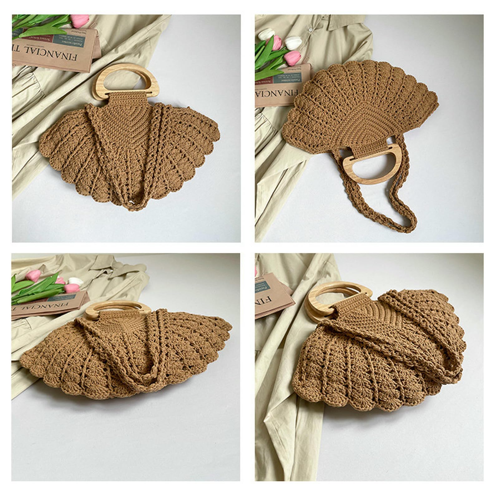 Damen Handtasche Modische Handgewebte Tasche, Personalisierte Tragbare Muscheltasche, Gehäkelte Fächerförmige Umhängetasche, Strandtasche Im Urlaubsstil-braun