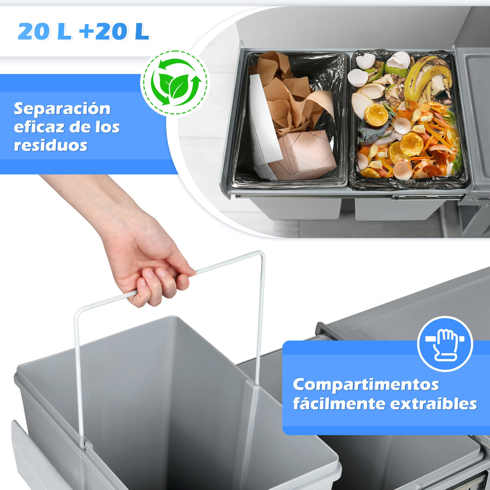 LVJ Mejorado 40L Cubo de Basura Empotrable para la Cocina, Sistema de Separación, 2 Compartimentos, Deslizante, 2 x 20 L, Tamaño: 47.8 x 34.8 x 41.7 cm, Gris