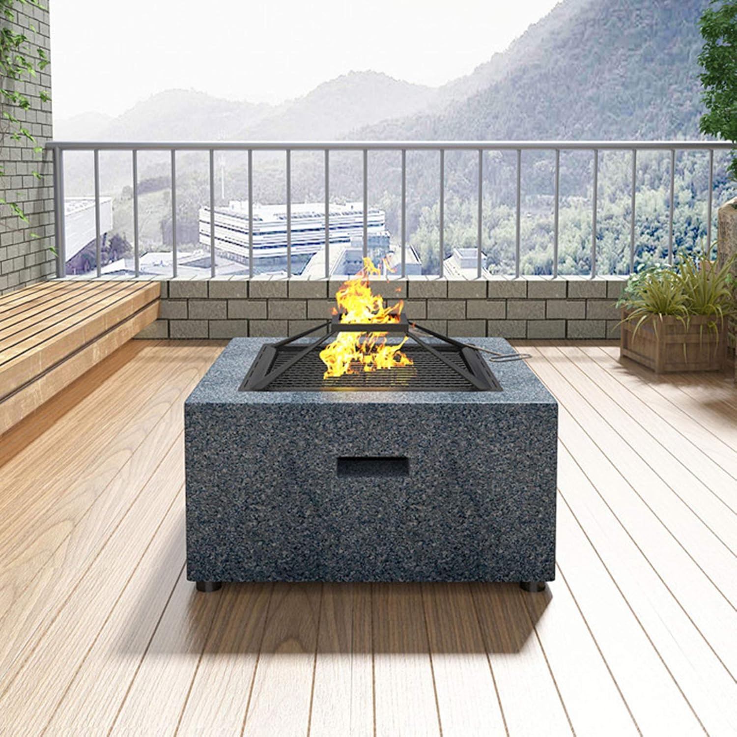 Outdoor Fire Pit Bowl Fire Pit with Barbecue Grill 70 cm Steel Fire Bowl with Artificial Stone Trim and Waterproof Cover for Garden Terrace