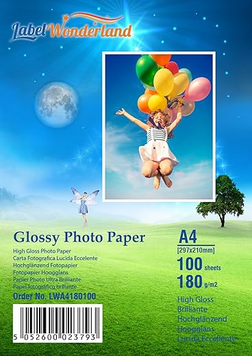 100 Sheets of 180 GSM High Gloss A4 Photo Paper (210 mm x 297 mm) A4 Picture Printing Paper for Canon,HP,Epson Inkjet Printers Glossy...