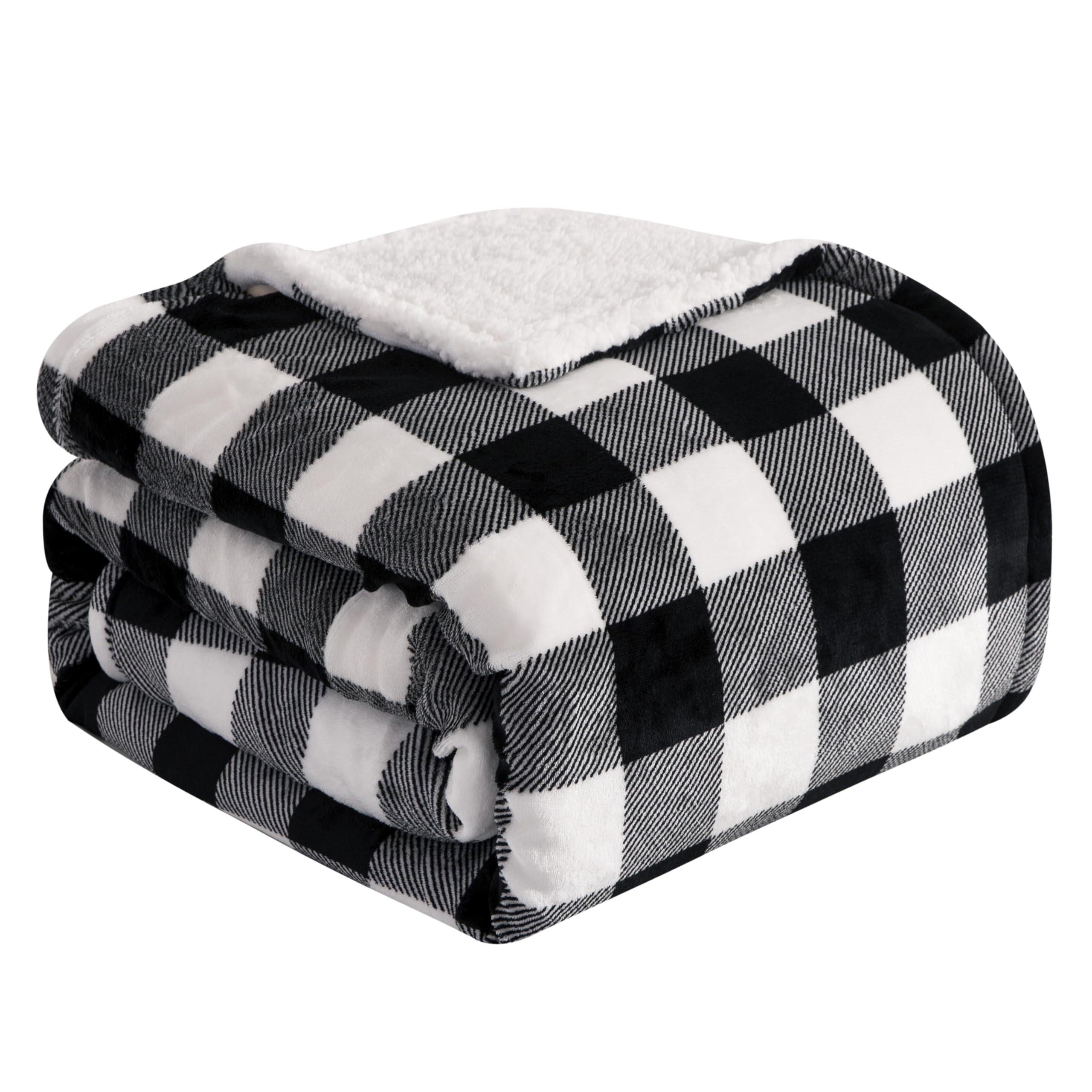 Elegant Comfort Ultra Soft Reversible Buffalo Plaid Flannel Sherpa Blanket - Cozy Silky Checkered Fleece Throw for Couch, Bed - Plush Fuzzy Warm Winter Blanket for Gift, Full, Black