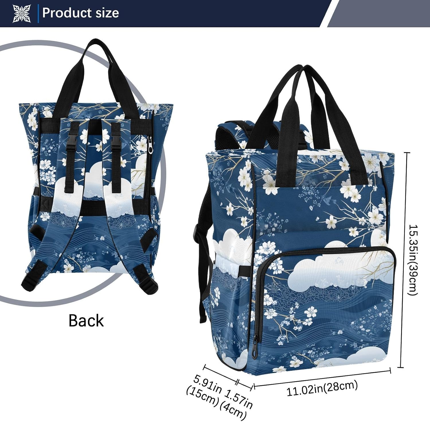 Diaper Bag Backpack, Multifunction Travel Bag for Moms Dads, Baby Changing Bag with Insulted Pockets, Stroller Straps and Side Bottle Pockets Japanese Style Pattern