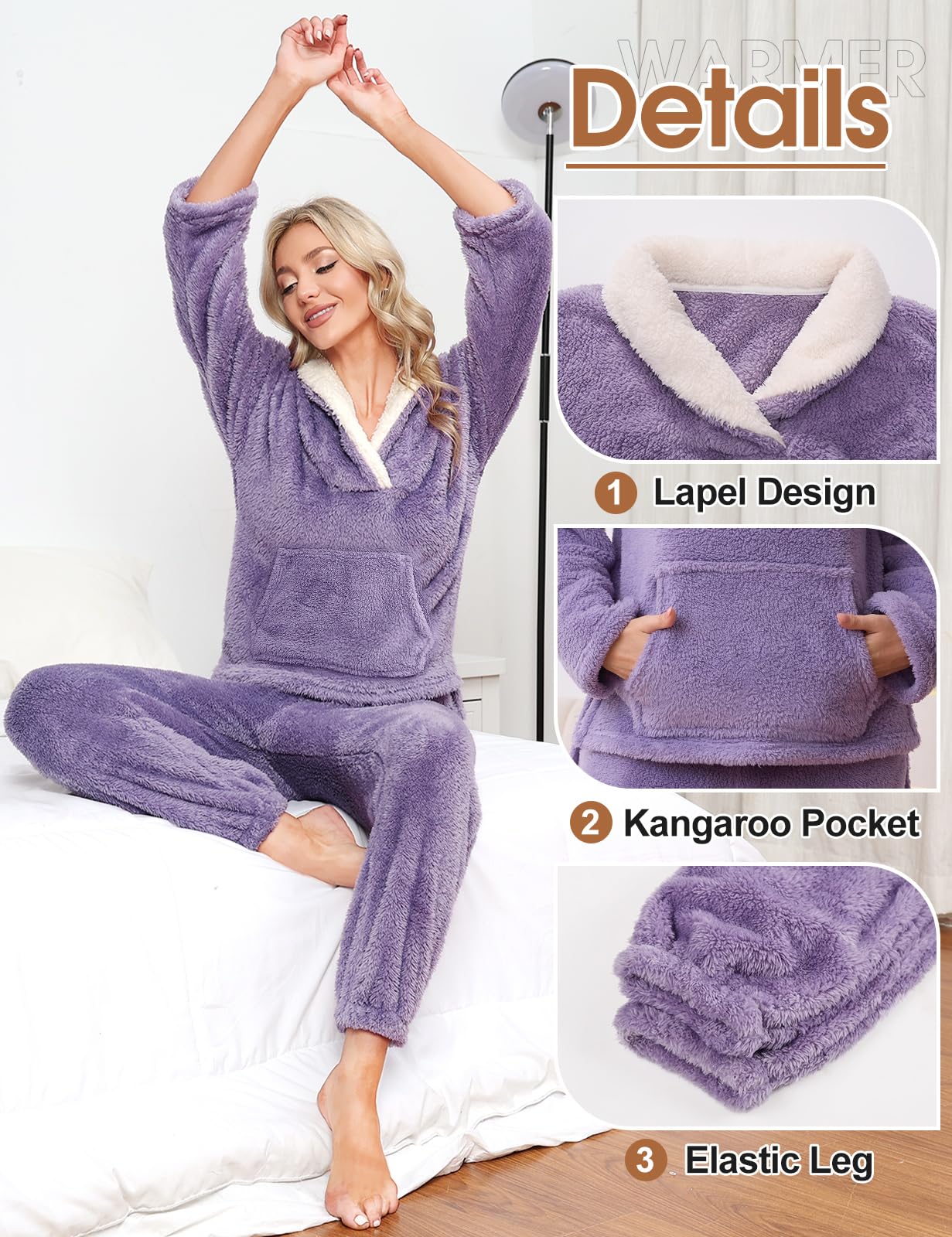 CMTOP Pyjama Femme Hiver Ensembles de Pyjama en Polaire Vêtements de Nuit Chaud et Doux Rembourré Ensemble Sleepwear Combinaison Pyjama à Revers Confortable et Moelleux avec Poches