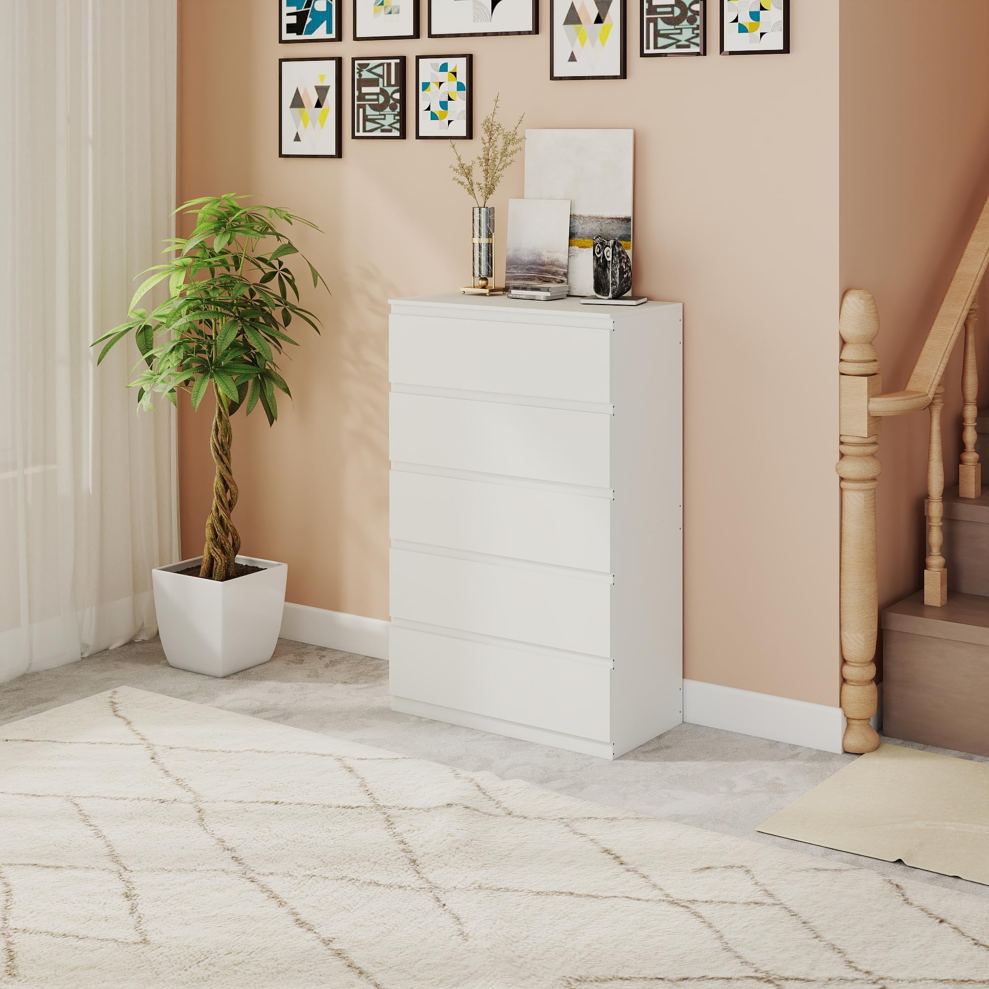 Cajonera con 5 Cajones, Ancho 60 cm, Comoda Dormitorio Blanca, Sinfonier Dormitorio, para Dormitorio, Salón, Oficina y Recibidor, 60x40x121 cm (A x F x A)
