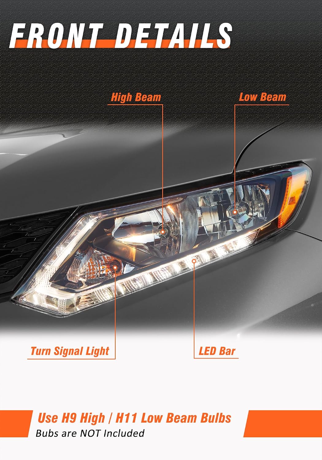 for Nissan Rogue 14 15 16/2014-2016 Rogue Black Housing Headlight Assembly with DRL Clear Lens Amber Reflector Headlamp Replacement Driver and Passenger Sides(Bulbs not included)