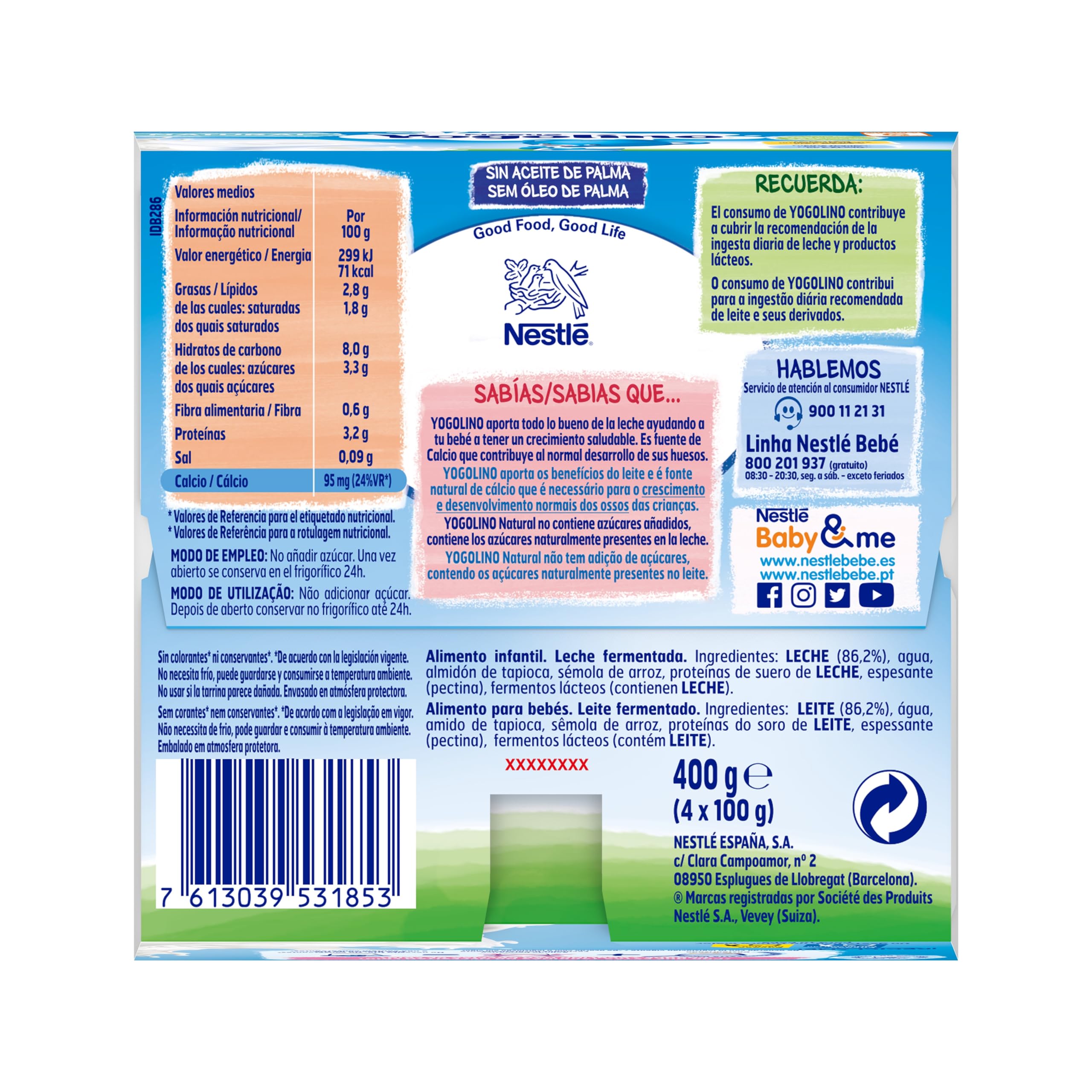 Nestlé Yogolino Natural sin Azúcares, Pack de 4 x 100g