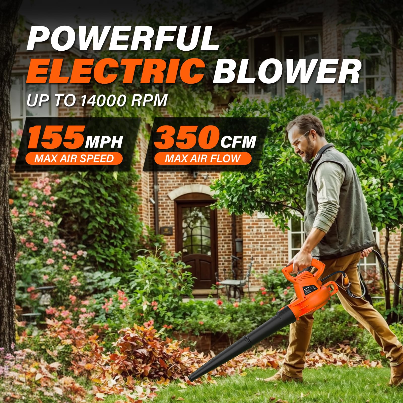 MAXLANDER - Soplador de hojas con cable, 7-AMP 350 CFM/155 MPH, soplador de hojas pequeñas de mano ligero para cuidado del césped