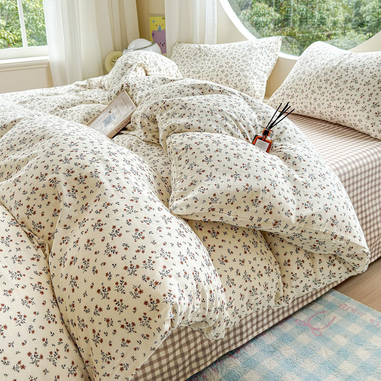 VM VOUGEMARKET Soft Muslin Cotton Duvet Cover Set Queen Size Floral Duvet Cover with 2 Pillowcases Lightweight Breathable Bedding Comforter Cover for