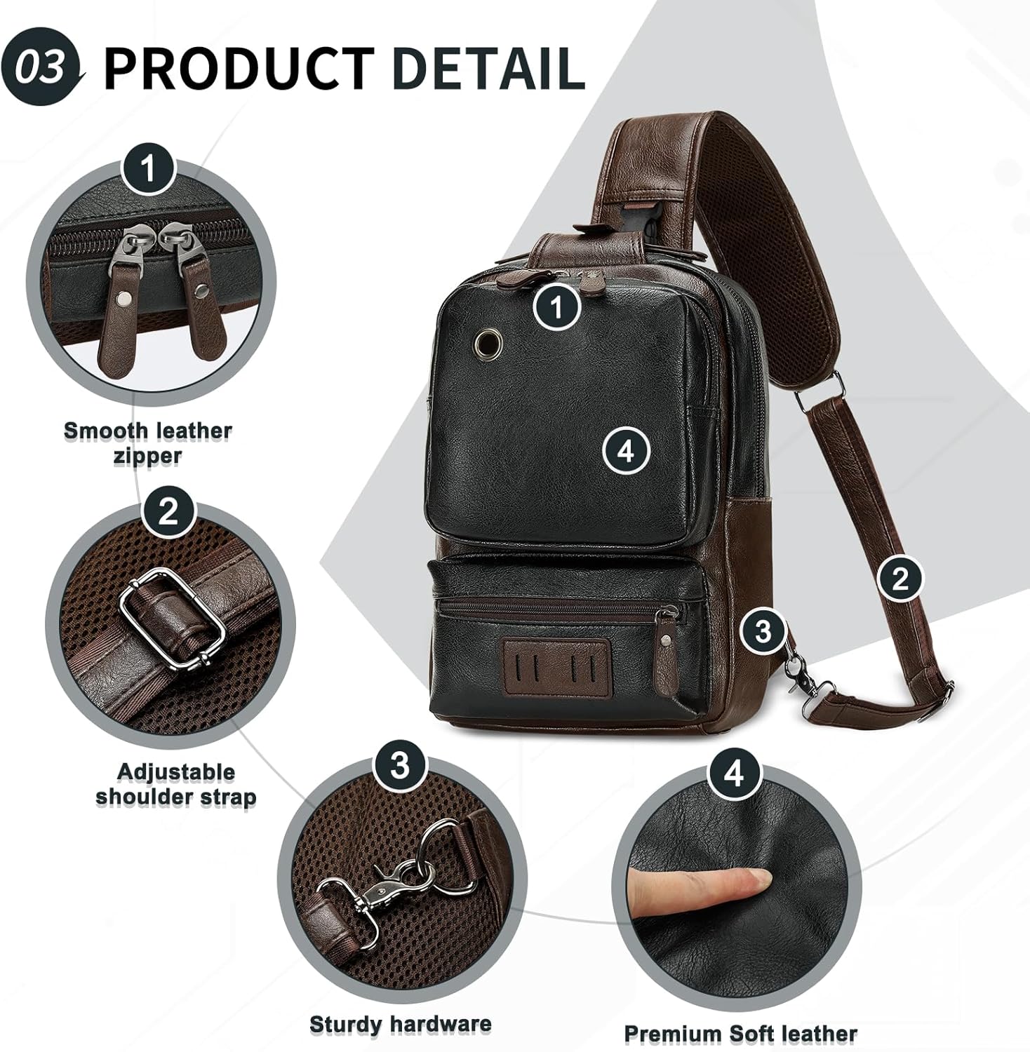SUIKIHUM Vintage PU Leather Sling Backpack for Men, Crossbody Bag, Adjustable Shoulder Strap (Black) - Image 5