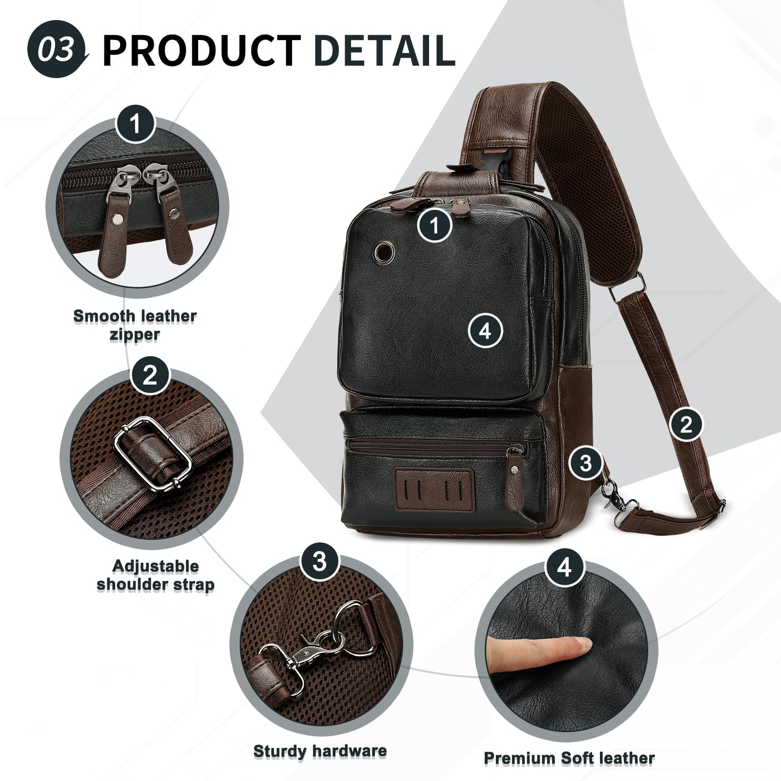 Mochila vintage de piel sintética para hombre, bolsa cruzada, correa de hombro ajustable, mochila compacta para viajes, uso diario y regalo 5