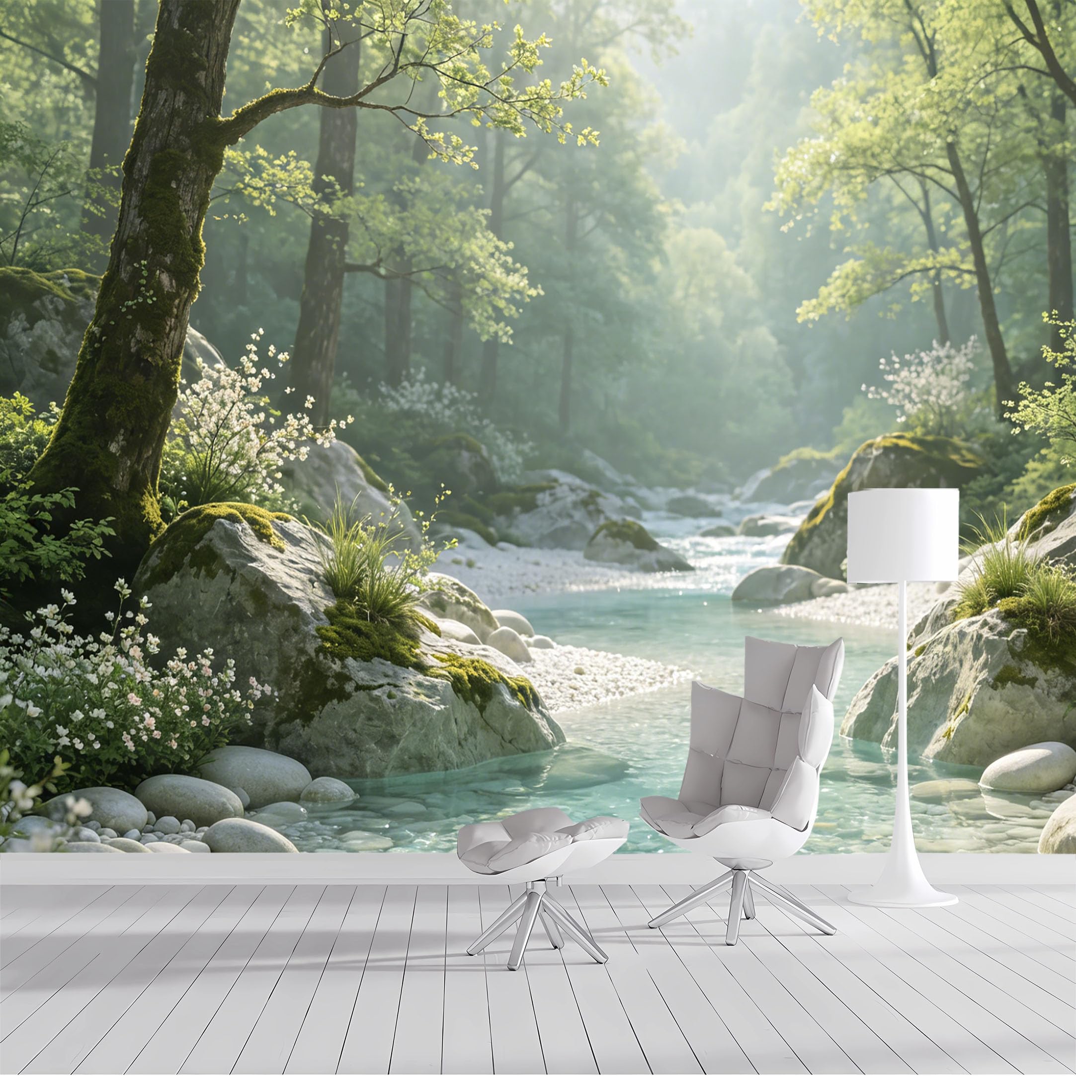 Custom Size Wall Mural Tranquil Forest River Landscape Waterfall Botanical Pastoral Style SelfAdhesive Wall Fabric Removable Peel and Stick Wallpaper Wall Decor for Living Room Bedroom
