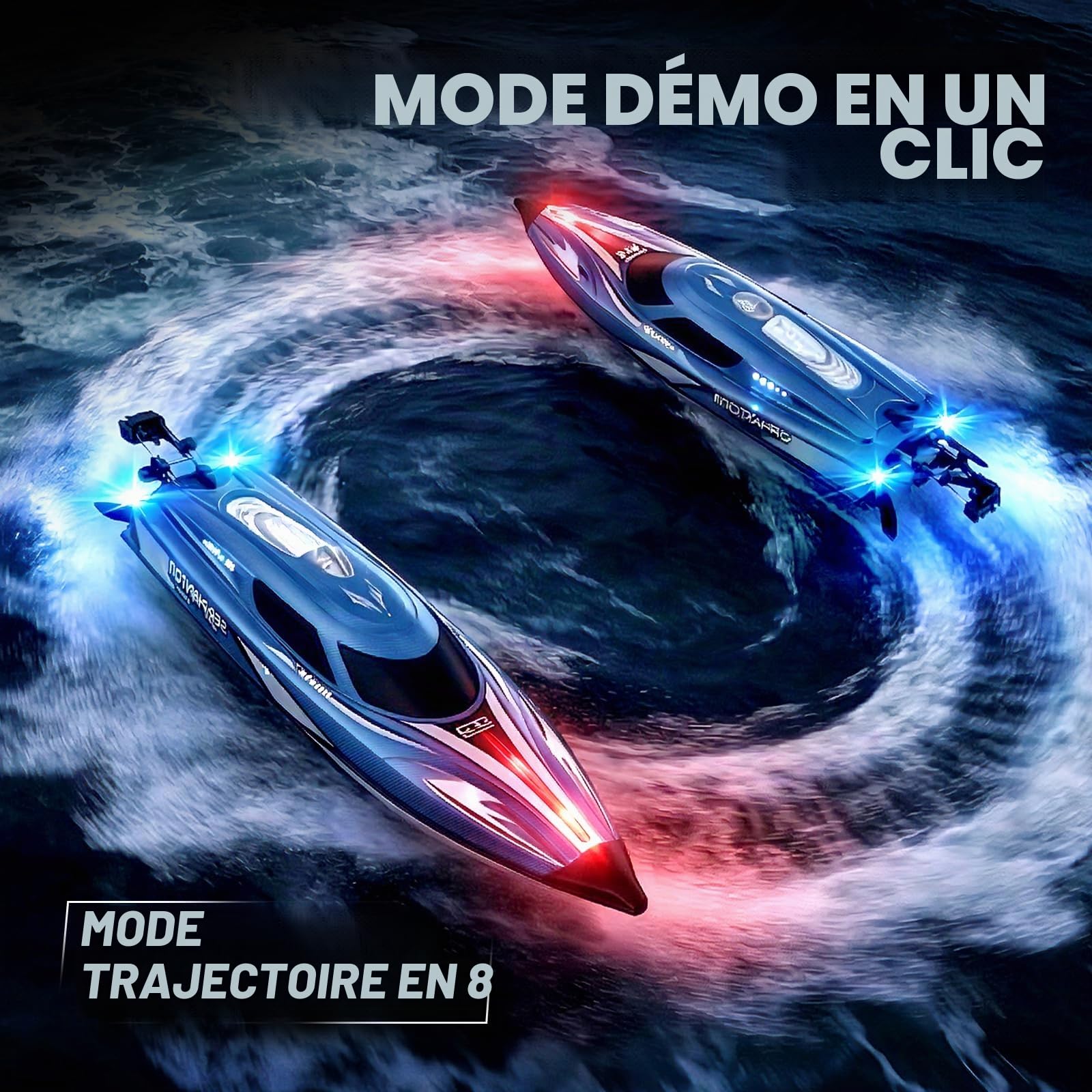 YESHIN Bateau Radiocommandé 25 km/h, 2,4 GHz avec lumières LED, 2 Piles, étanche et Anti-chavenir, Distance de Fonctionnement de 150 m, Convient pour Piscine et Lacs, Cadeau pour Enfants de 8 Ans et