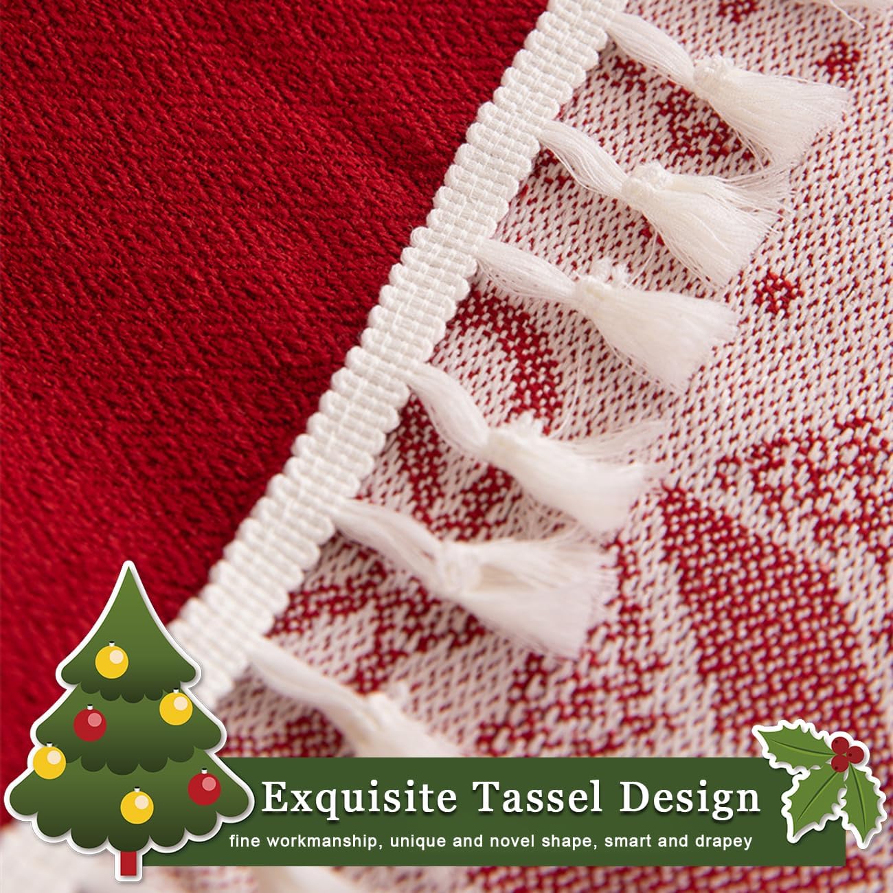 NamUla Red Tassel Tablecloth Christmas Polyester Fabric Rectangle Table Cloth Thickened Vintage Table Cover Dustproof Tabletop Decoration for Party Holiday (Ball,Rectangle,55"x86",8-10Seats)