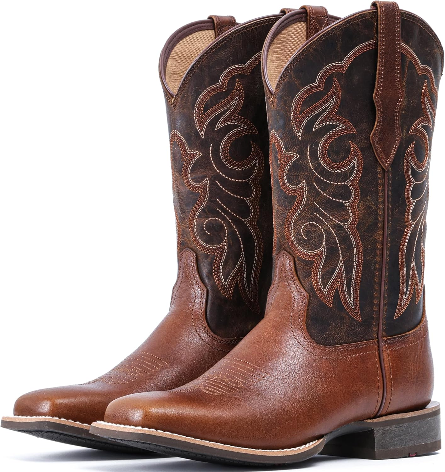 IUV Women's Leather Western Boots Square Toe Cowboy Boots for women Mid Calf Classic Cowgirl Boots Genuine leather toe and heel, textured sheepskin shaft