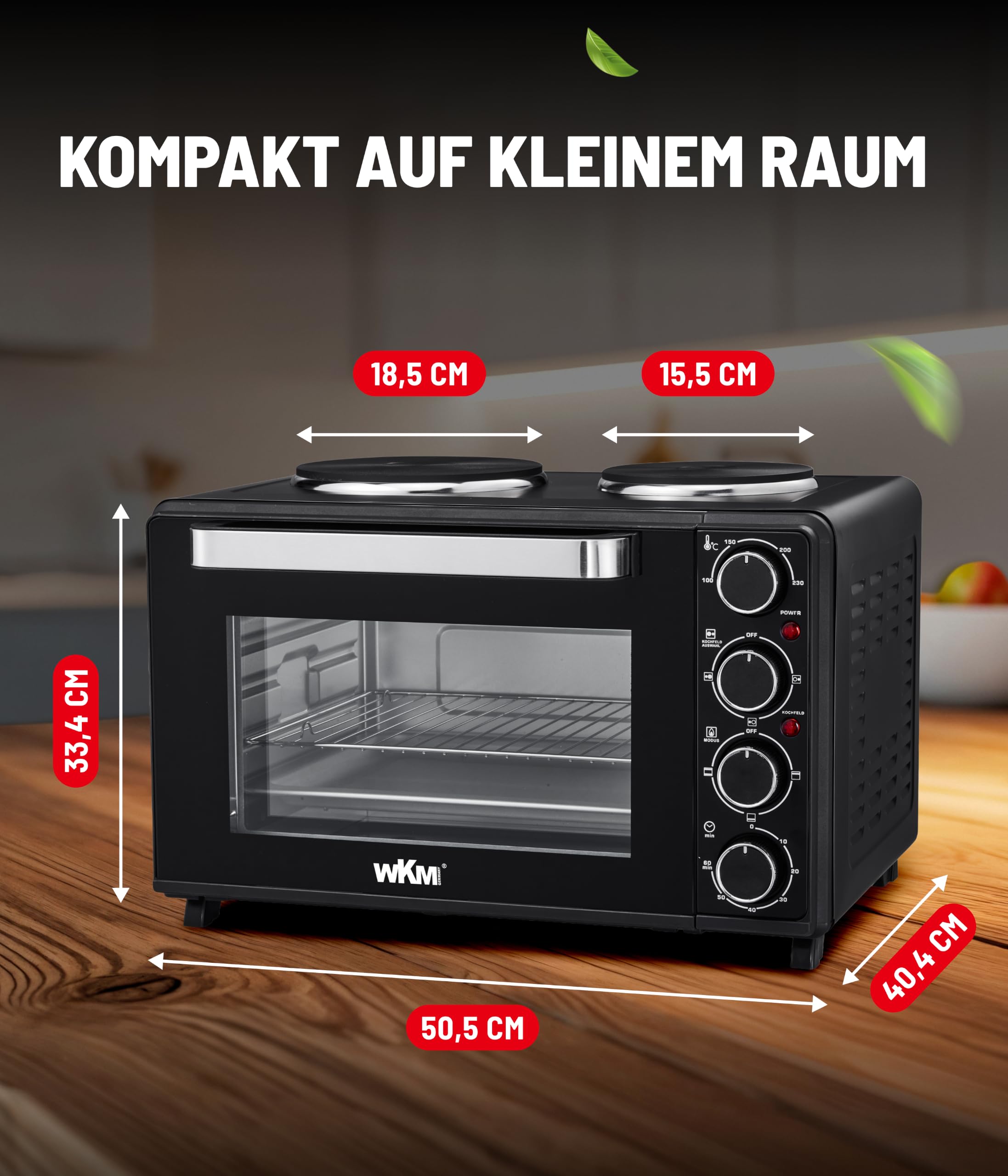 WKM® Mini Backofen mit Kochplatten Schwarz (30L) - 3 Heizprogramme, Innenbeleuchtung & 60 Min Timer - Perfekt für kleine Küchen - Kompakt Backofen Tischbackofen - Deutsches Familienunternehmen