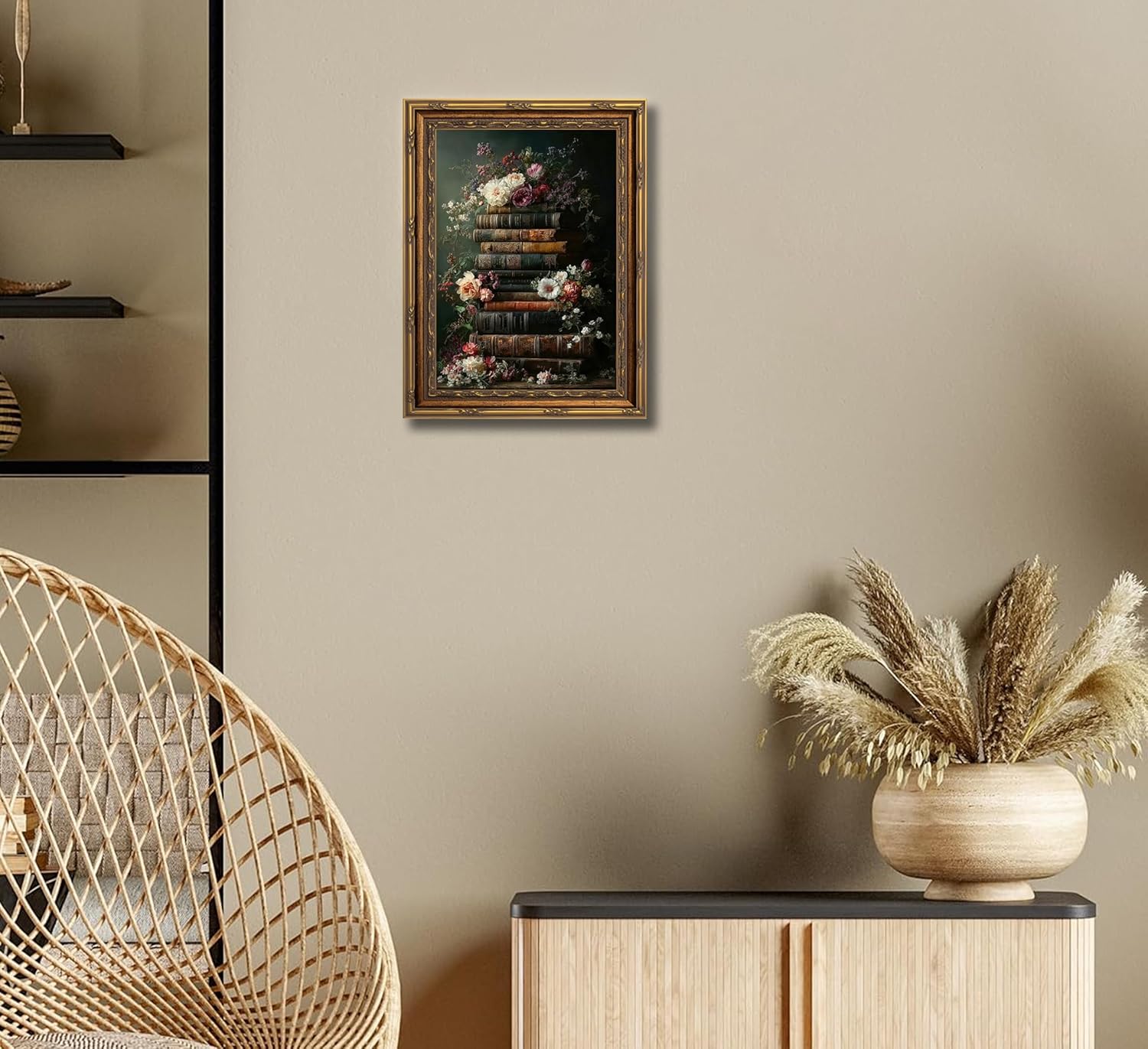 3D Textured Canvas Wall Art Vintage Carved Gold Frame Vintage Moody Flowers Books Wildflowers Relief Poster Print Artwork for Walls Living Room Study Bedroom Dormitory Home Decor