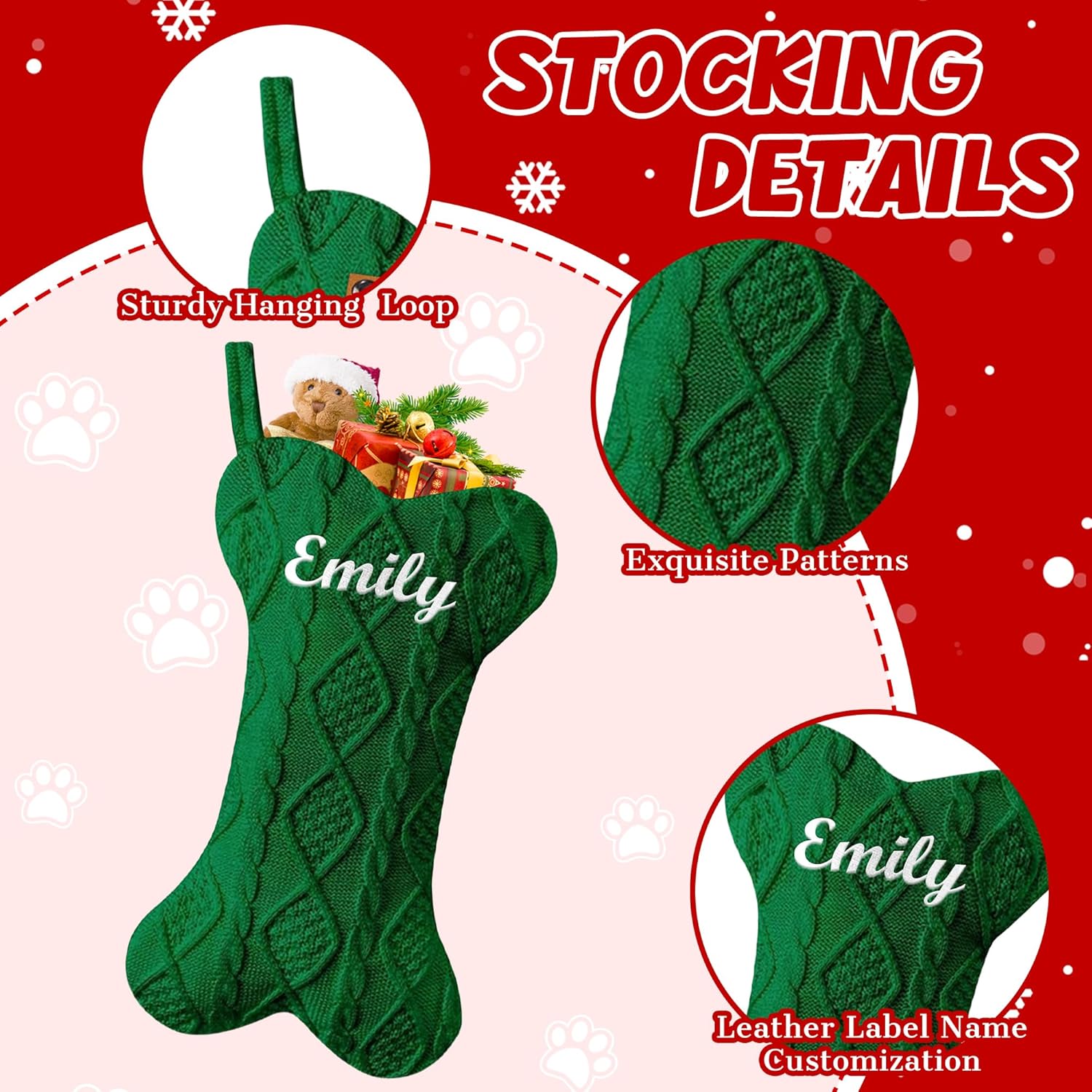 Customized Dog Christmas Stockings, Personalized Large Bone Shape Xmas Stockings for Cats, Custom Embroidered Name Pet Christmas Stockings, Family Fireplace Decoration Hanging Stockings 3 Pcs