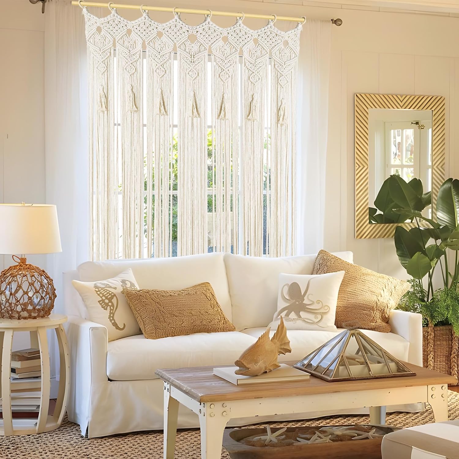 Boho Macrame Curtain Handmade String Curtain with Tassel Large Macrame Wall Hanging Room Divider for Living Room Bedroom Bohemian Home Wedding Party Decor, 1 Panel 79" L x 35" W