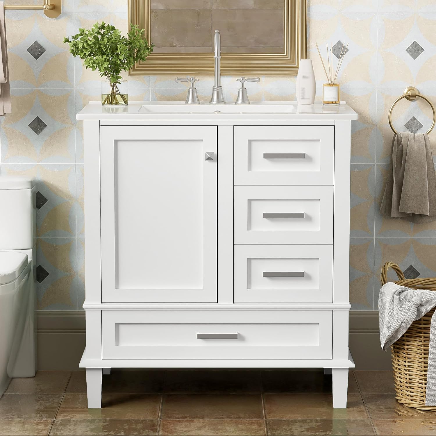 Bathroom Vanity Unit with Ceramic Sink, 30" Modern Freestanding Storage Cabinet with Drawers and Soft Closing Door, Multi-Functional Organizer with Basin, Easy Assembly, Solid Wood & MDF Board, White