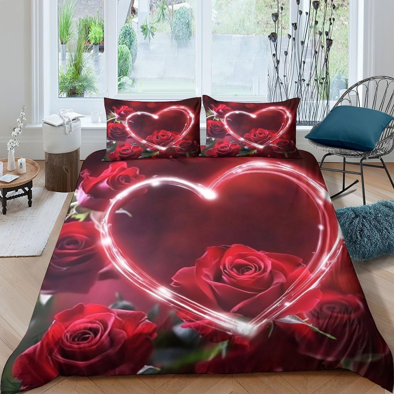 GPLZQXKJNH 3D Printed Red Rose Heart Duvet Cover Microfiber Soft Bedding Set with 2 Pillowcases for Bedroom Home Decor 120x220cm Single（135x200cm）
