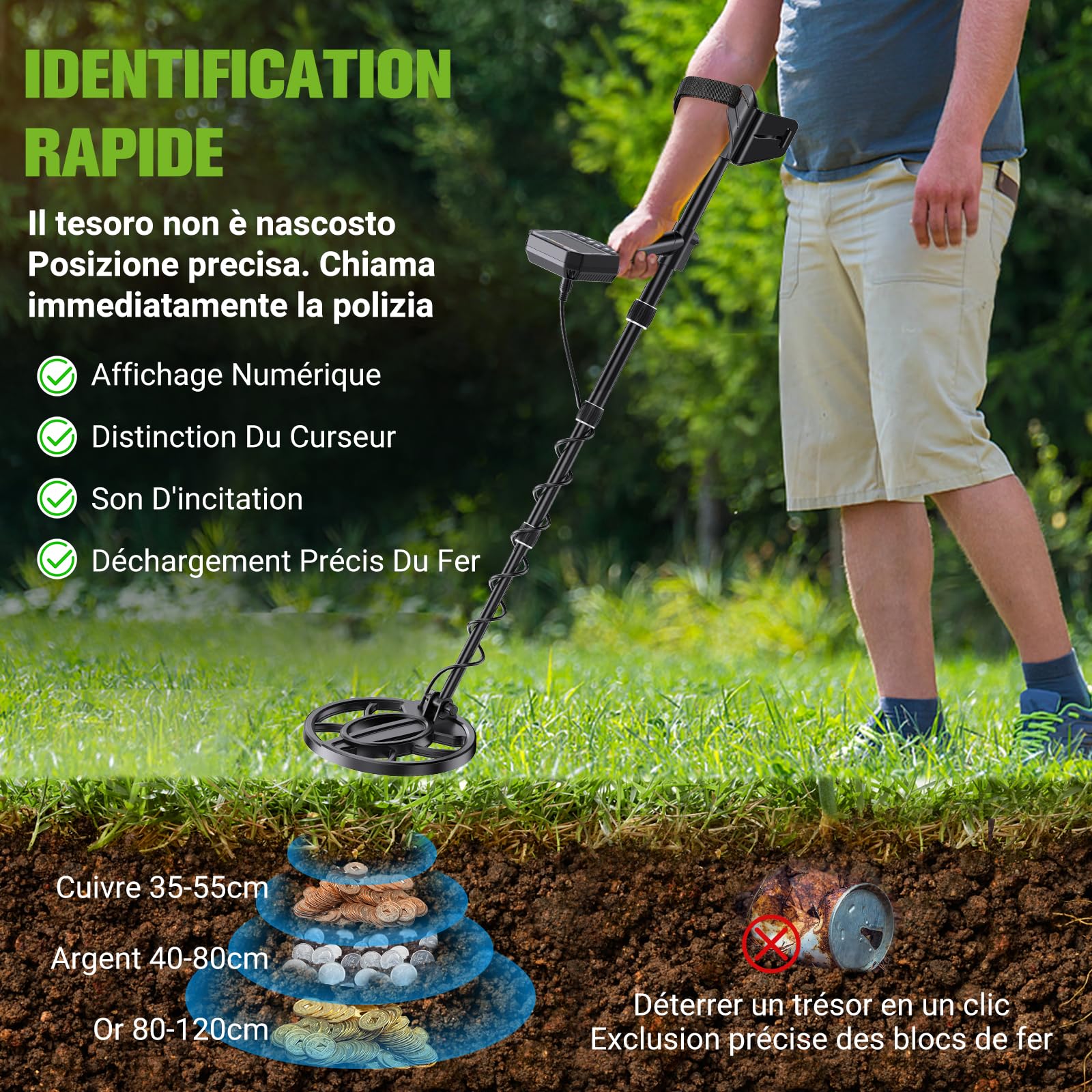 Détecteur de Métaux Professionnel Tout Terrain pour Adultes et Enfants, 5 Modes, Bobine étanche, Hauteur Réglable