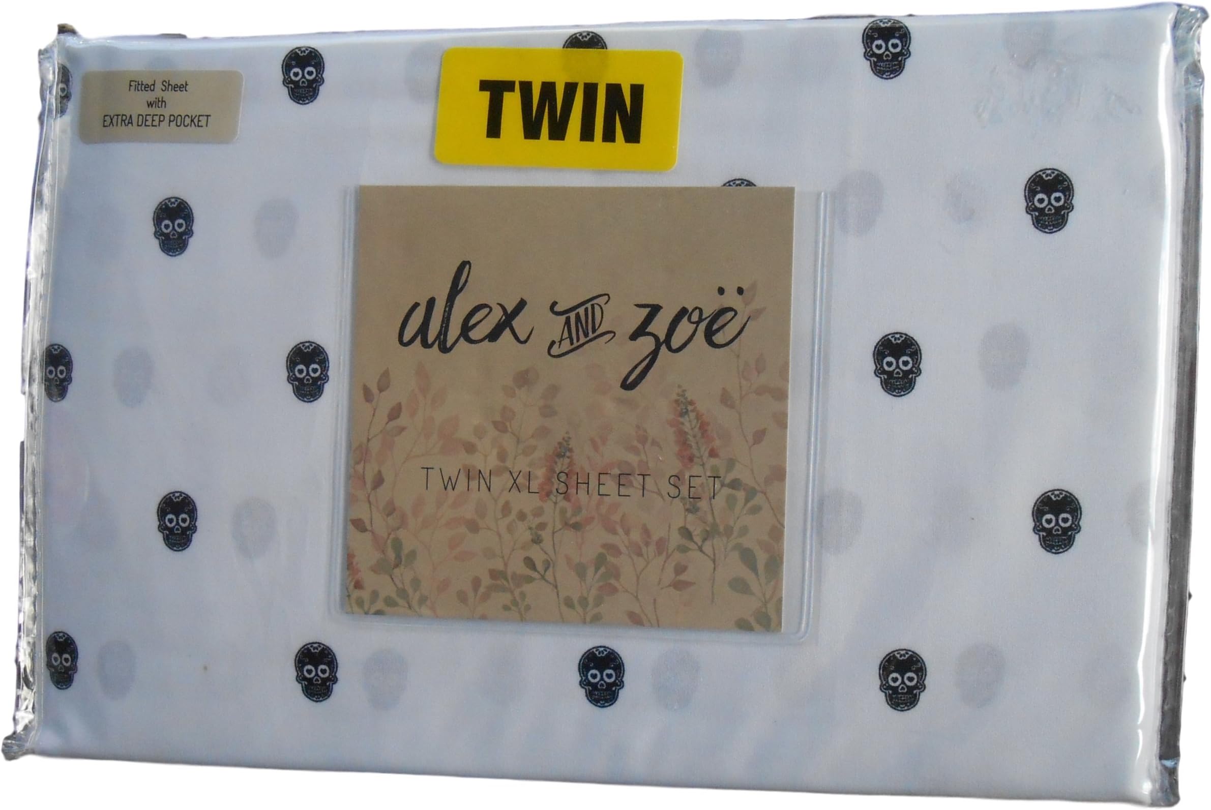 Alex and Zoe Black Sugar Skull Twin XL Sheet Set Deep Pocket 100% Microfiber