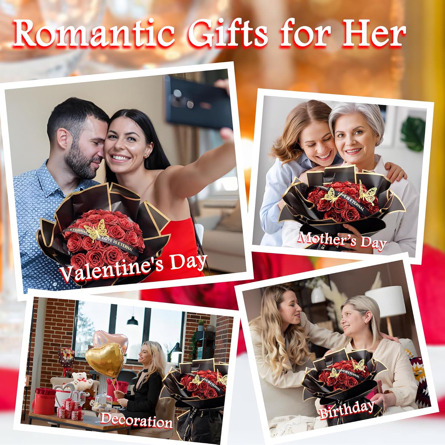 DIY Glitter Rose Flower Bouquet Birthday Day Gifts for Women Mom Grandma Wife Her - 24pcs Red Eternal Roses Bouquet with Butterfly Fake Forever Flowers Gifts for Birthday Graduation Anniversary