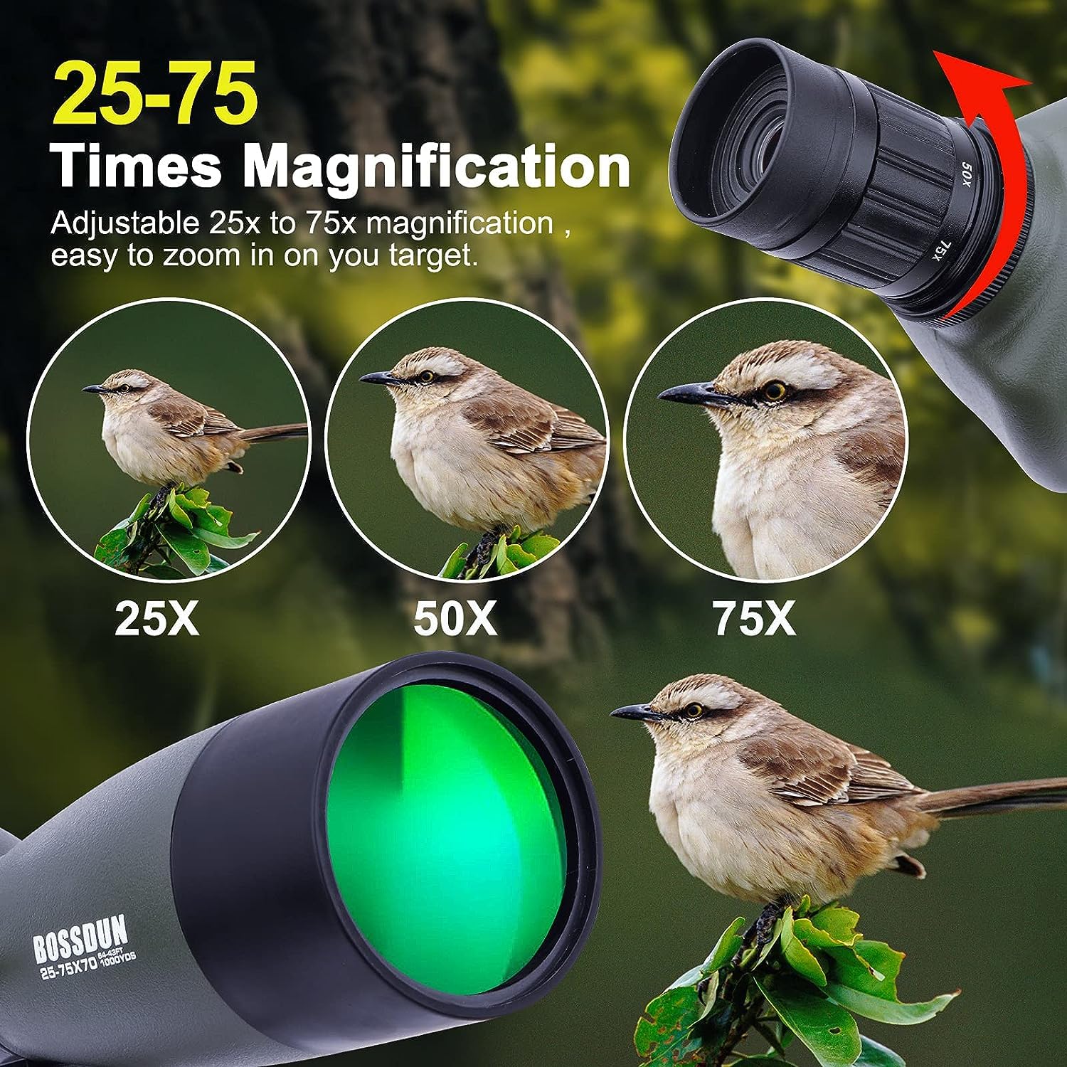 25-75x70 Telescopio Terrestre con Trípode, Bolsa de Transporte y Adaptador de Teléfono Inteligente,para Turismo Safari Observación de Estrellas Tiro con Arco Camping Paisaje de Vida Silvestre