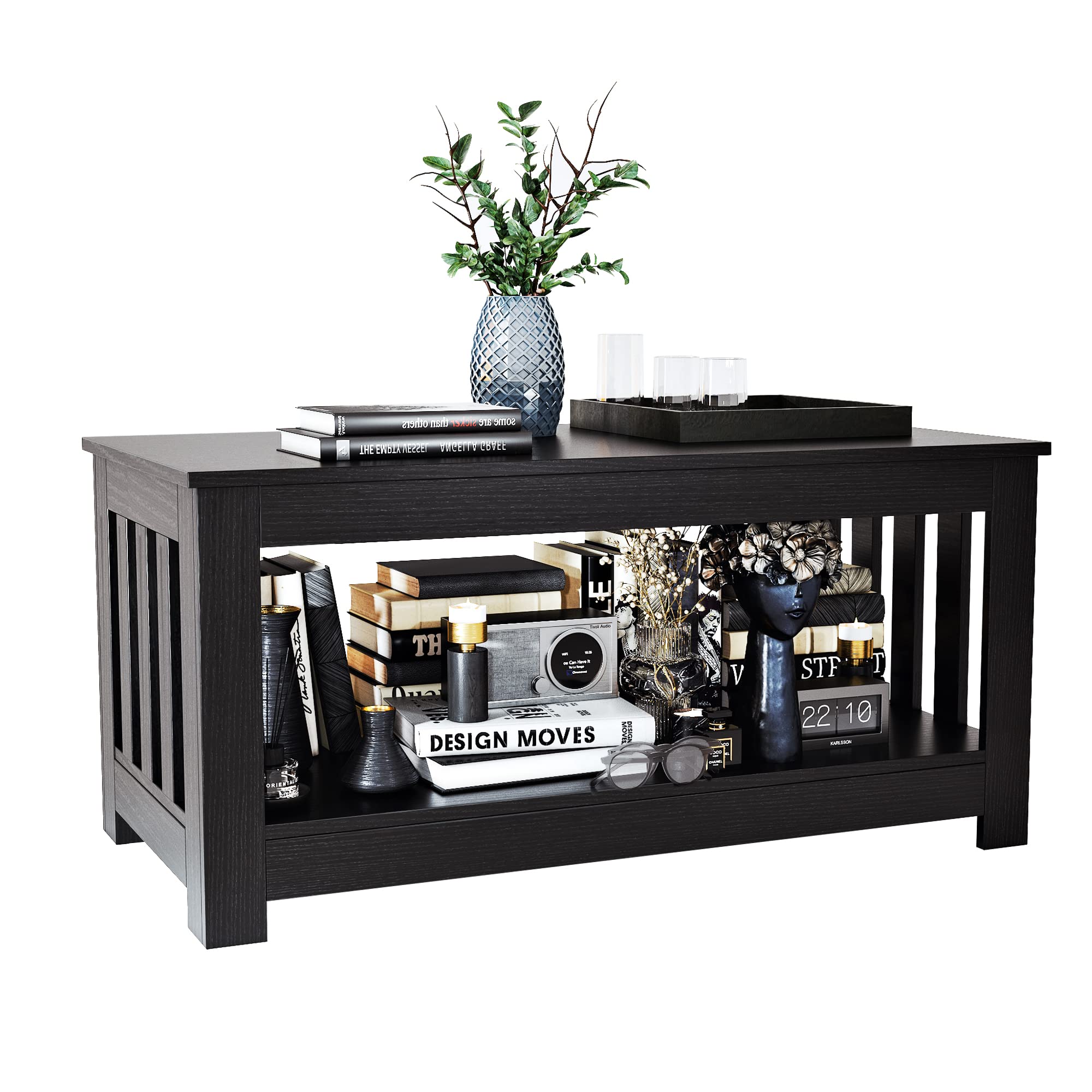 Photo 1 of ODIKA Black Coffee Table, 2-Tier Rectangular Console Table, 