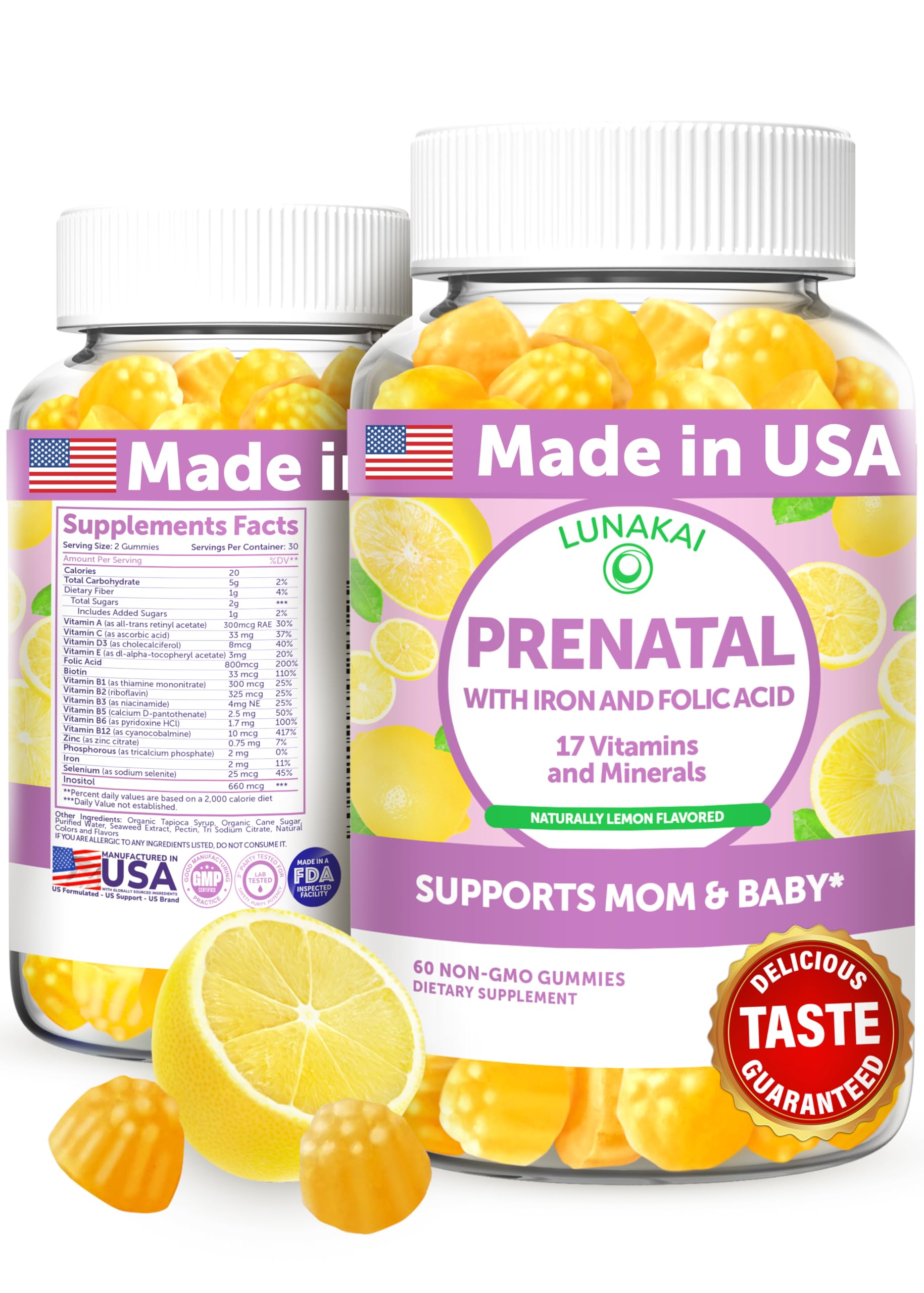 Lunakai USA Made Prenatal Vitamins for Women with Iron & Folic Acid - Delicious Prenatal Gummies, Non-GMO, Gelatin-Free, 60ct