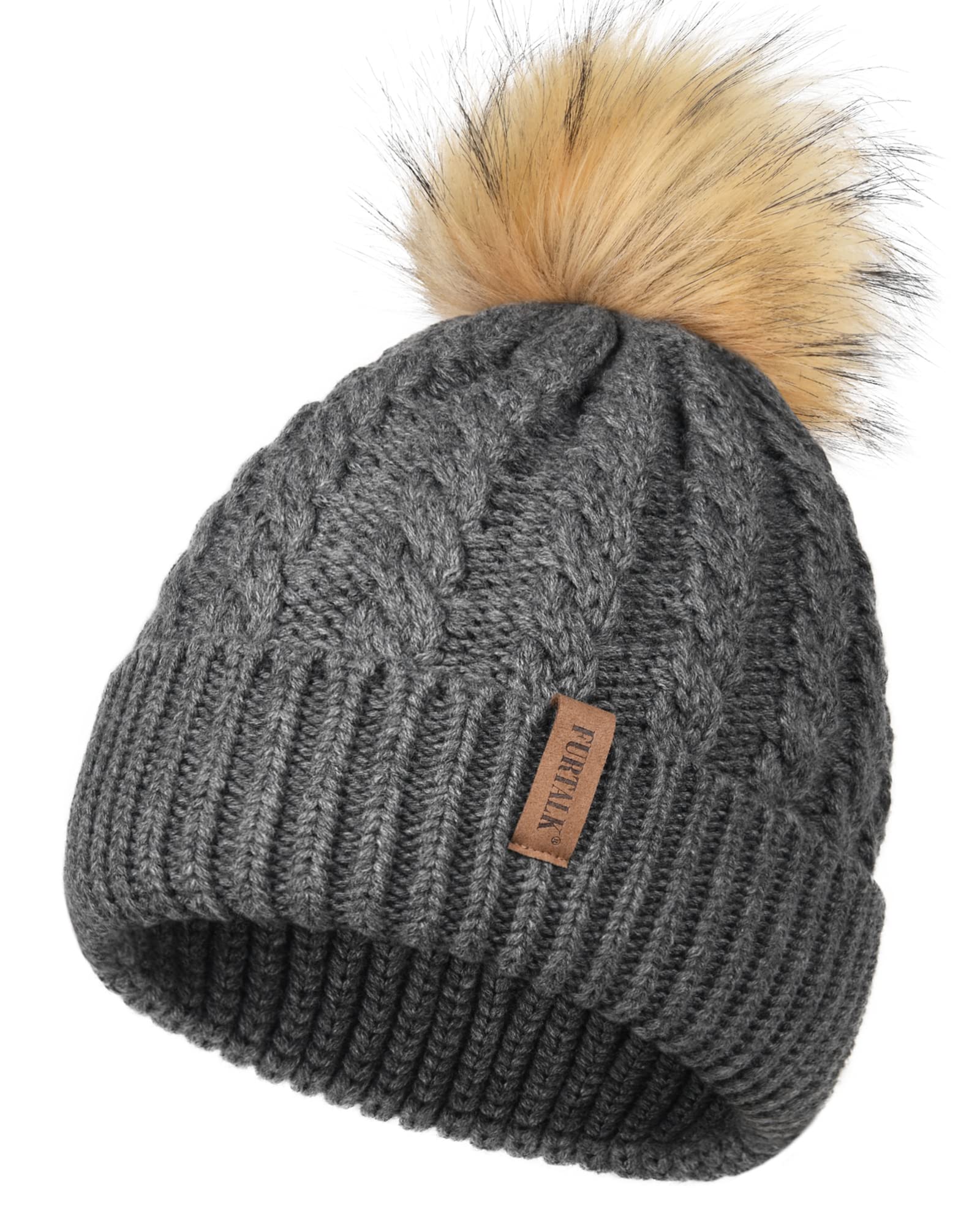 FURTALK Beanie Hat for Women Men Cable Knitted Bobble Winter Hats Warm Double Layer Fleece Lining Pom Pom Wooly Cap