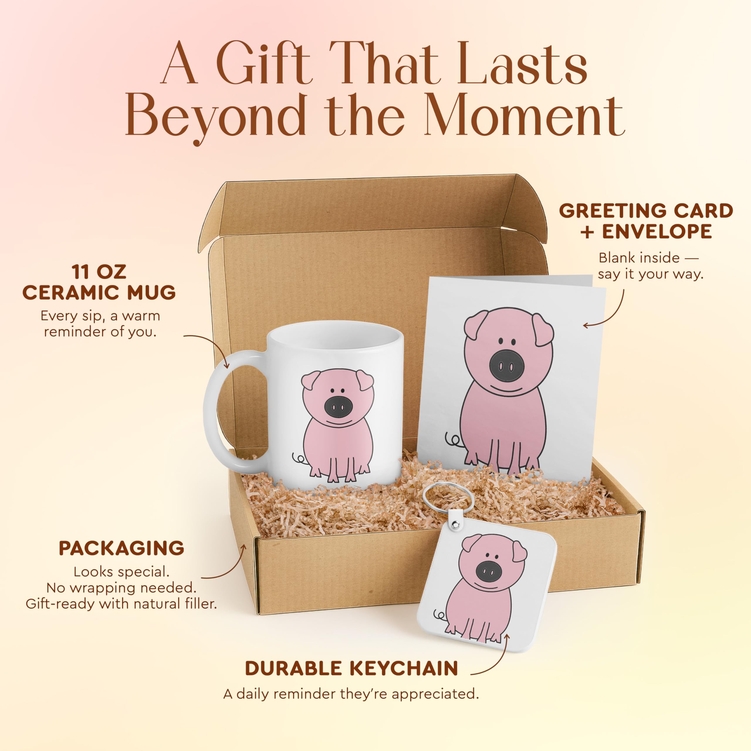 3dRose Cute Pig Gift Set – Mug, Card, and Keychain – Cartoon Pink Pig Design – Perfect for Kids, Birthdays, and Animal Lovers