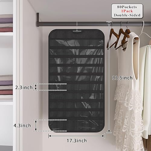 Miniatura 5 de Paquete de 1 organizador de joyas colgante de 80 bolsillos de doble cara para joyas, aretes, collares, pulseras, anillos, almacenamiento de viaje,