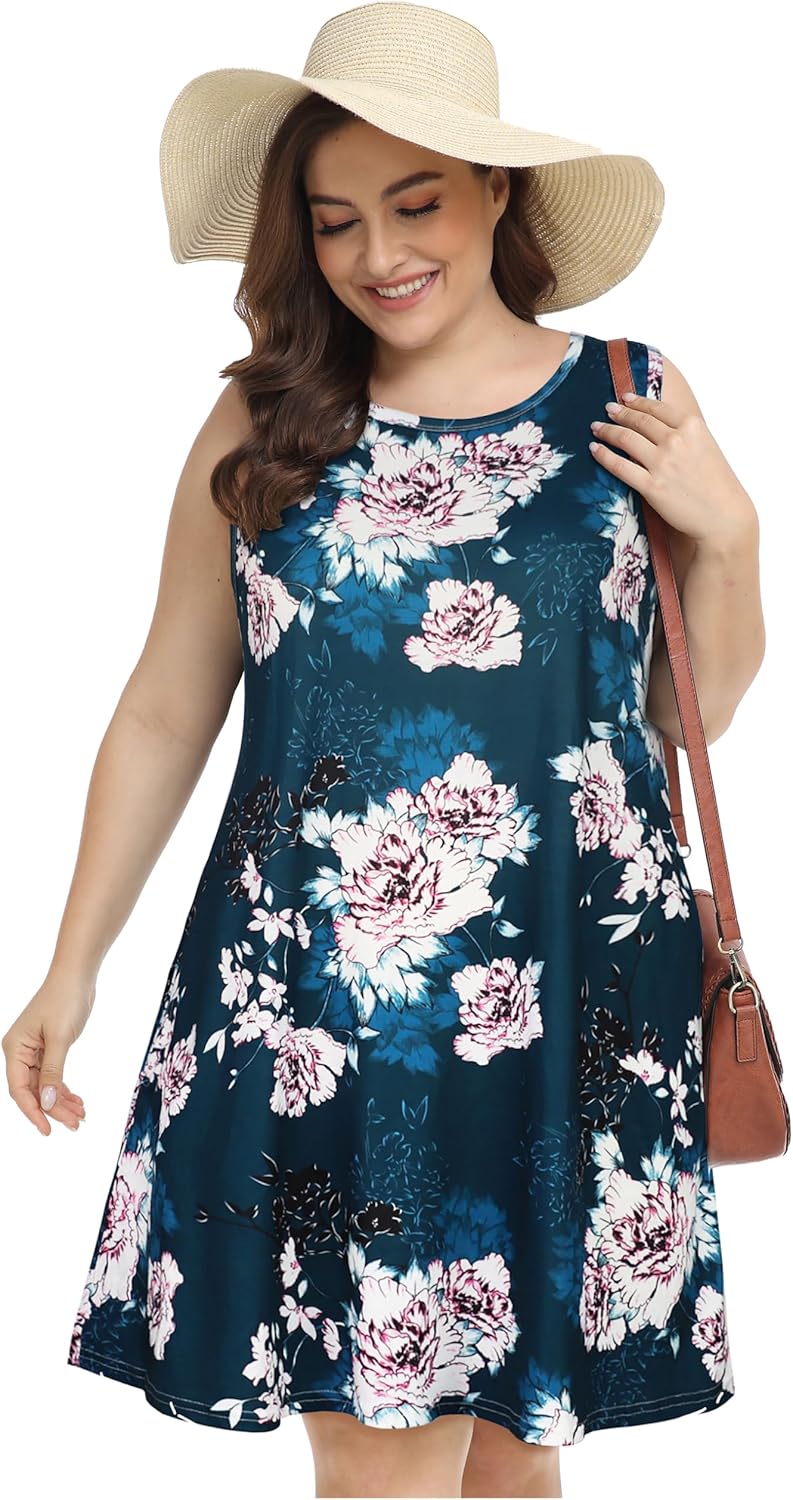 elescat Plus Size Summer Dresses for Women Sleeveless Pockets Beach Tshirt Tank Sundress - Image 4