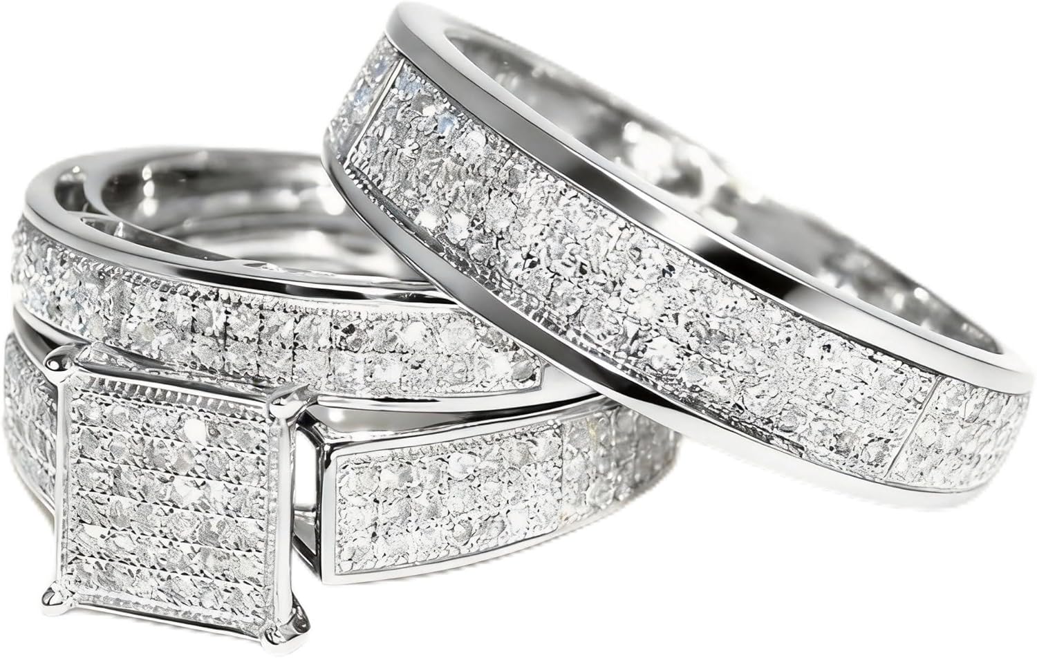 925 Silver Gold Pave Diamond Ring for Women, Square & Rectangular Cut Band, Elegant Engagement, Wedding, Anniversary, Cocktail Party Jewelry