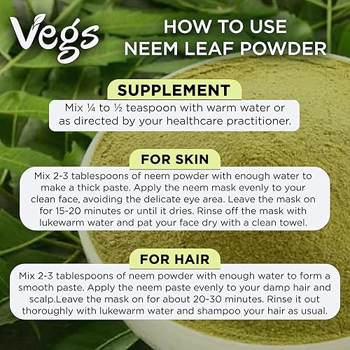 Miniatura 7 de Polvo orgánico de hoja de neem - Polvo de hojas de neem verde liofilizado - Apoya el crecimiento del cabello, la salud de la piel y el intestino,