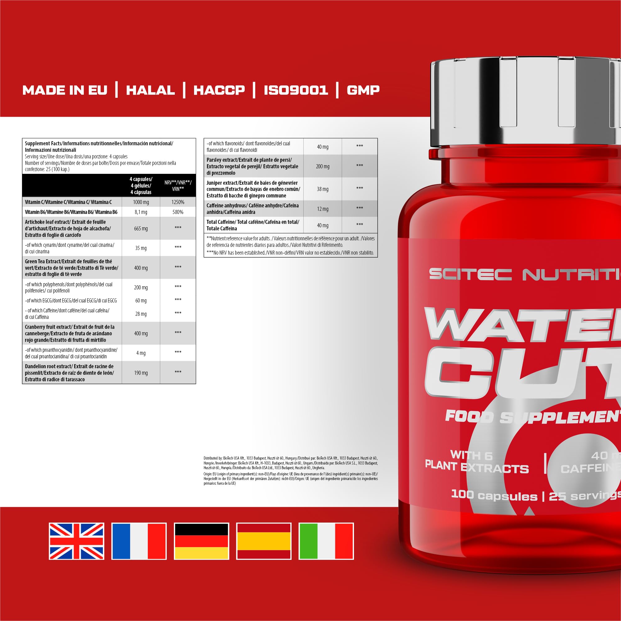 Scitec Nutrition Water Cut, Rinforzo energetico con vitamina C e B6, Estratto di tè verde, Riduzione della stanchezza e supporto del sistema immunitario, Integratore diuretico naturale, 100 Capsule