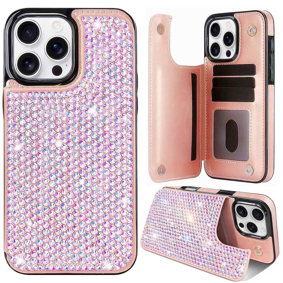 Erolagomat for iPhone 15 Pro Max Bling Wallet Case for Women with Credit Card Holders,PU Leather Flip Glitter Rhinestone Phone Case,Sparkle Luxury