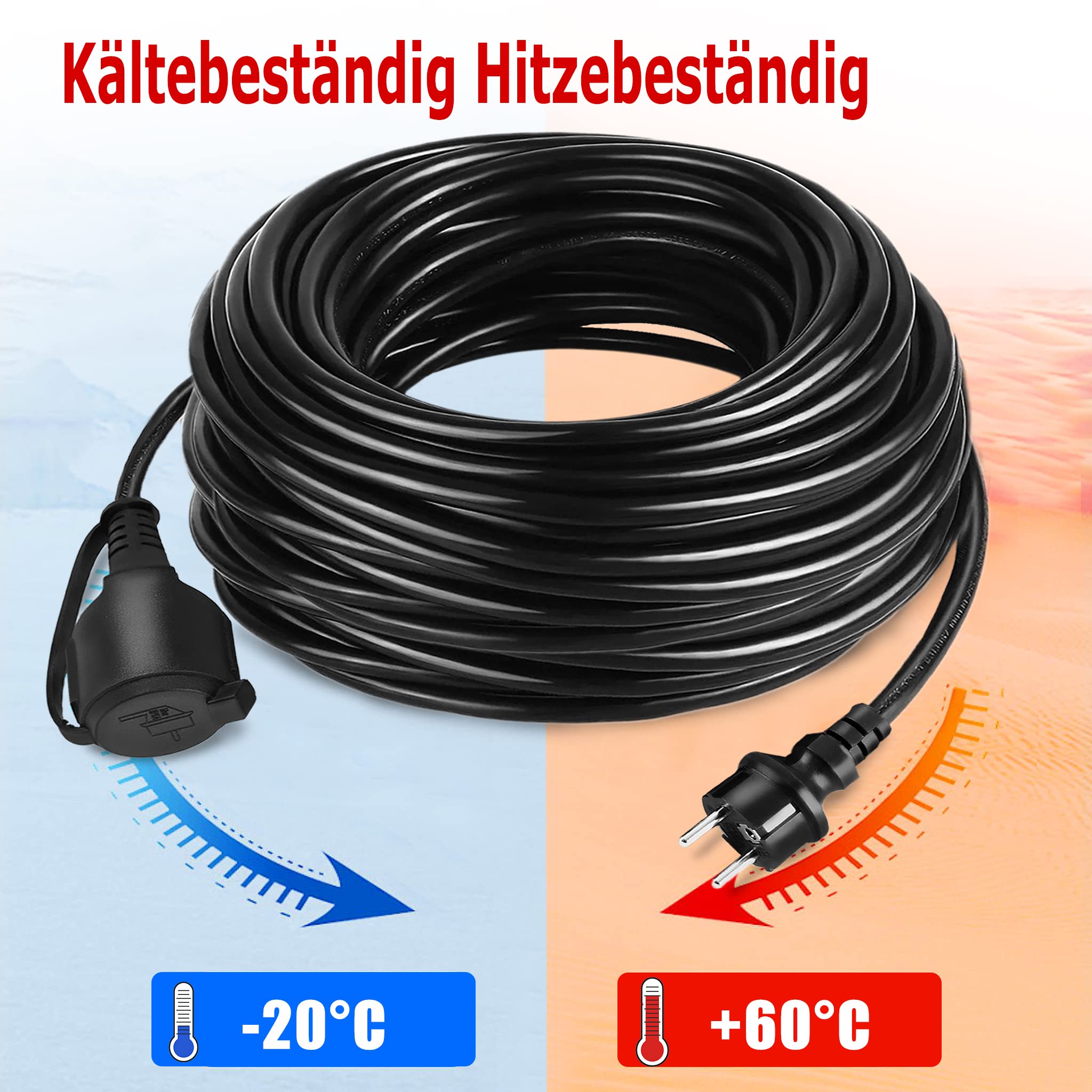 XMTECH Przedłużacz kabla zewnętrznego z osłoną ochronną 30 m - Przedłużacz kabla zasilającego - Przedłużacz gniazdka - Kabel przedłużający zasilanie - Gniazdo europejskie - Do użytku wewnętrznego i
