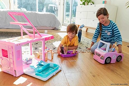 Miniatura 2 de Barbie Camper DreamCamper - Juego de juguete 3 en 1 para transformar Camper con piscina camión y barco 60 accesorios Barbie para niños juguetes y