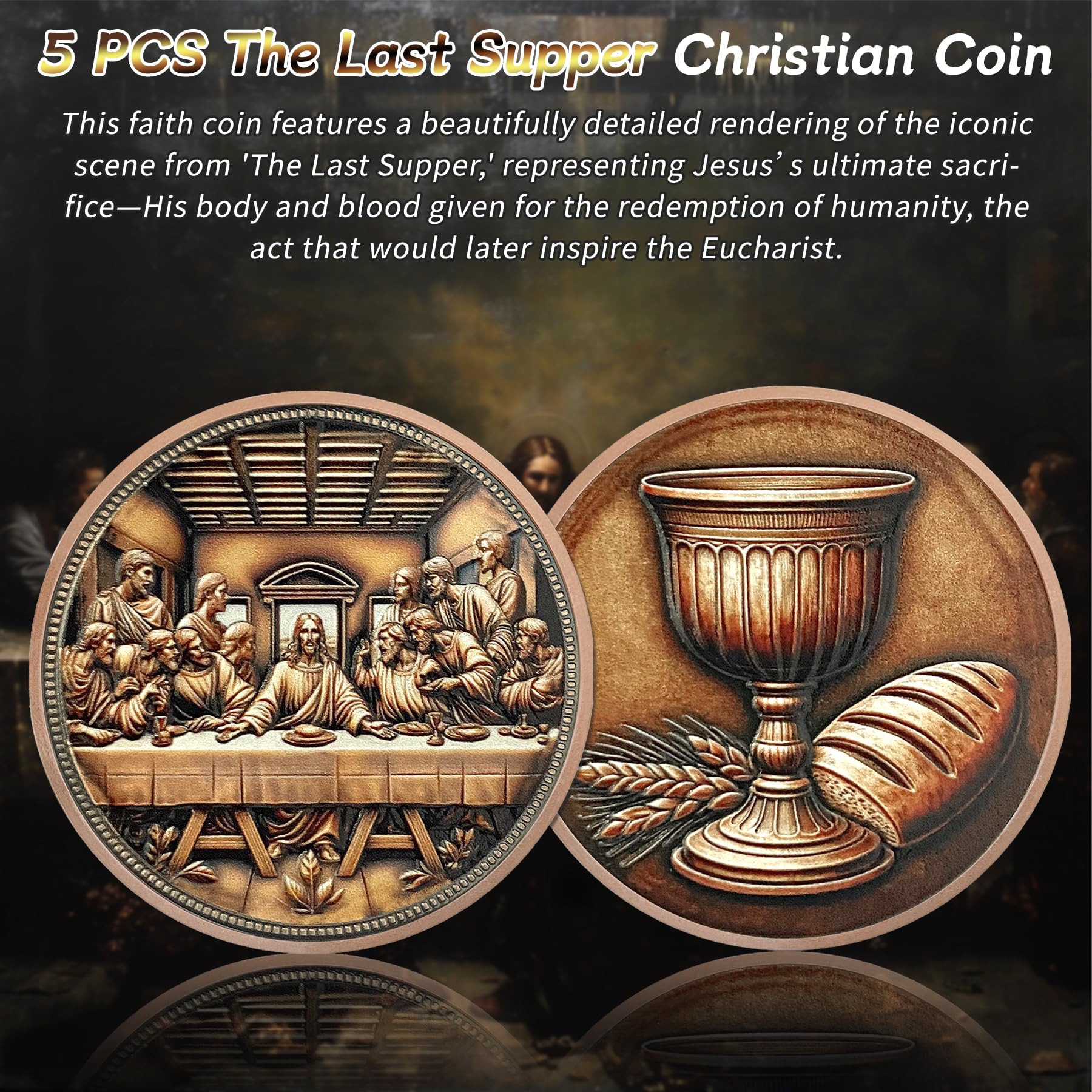 Christliche Herausforderungsmünze "Das letzte Abendmahl", Jesus Eucharistie, religiöser Kupfer-Token, Kunstgott, Taschen-Bibelversen, Münzen für Studium, Glück, Gedenkgeschenke für Männer, Frauen