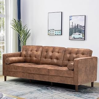 84" Suede Leather Sofa with 2 Soft Pillows, Tufted Modern Sofa with Sturdy Wooden Legs, 3 Seats Couch for Living Room, Office, Bedroom, Brown - Amazon product rated Grade A