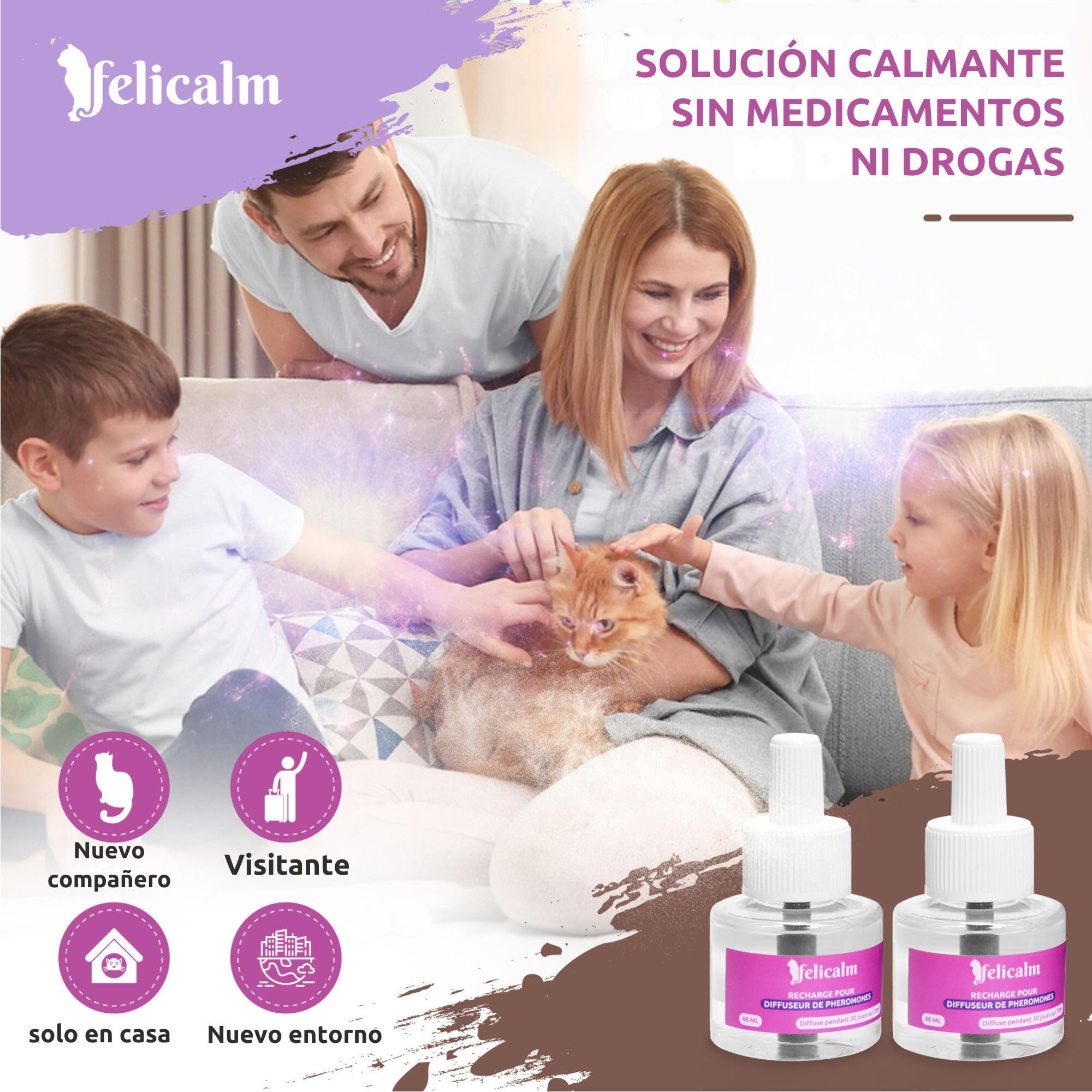 Paris -Nouvelle Formule de PHEROMONE pour Chat et Chaton -2 Recharges de 48 ML- Anti Stress pour Chat- CALMANT- Bonheur et Harmonie
