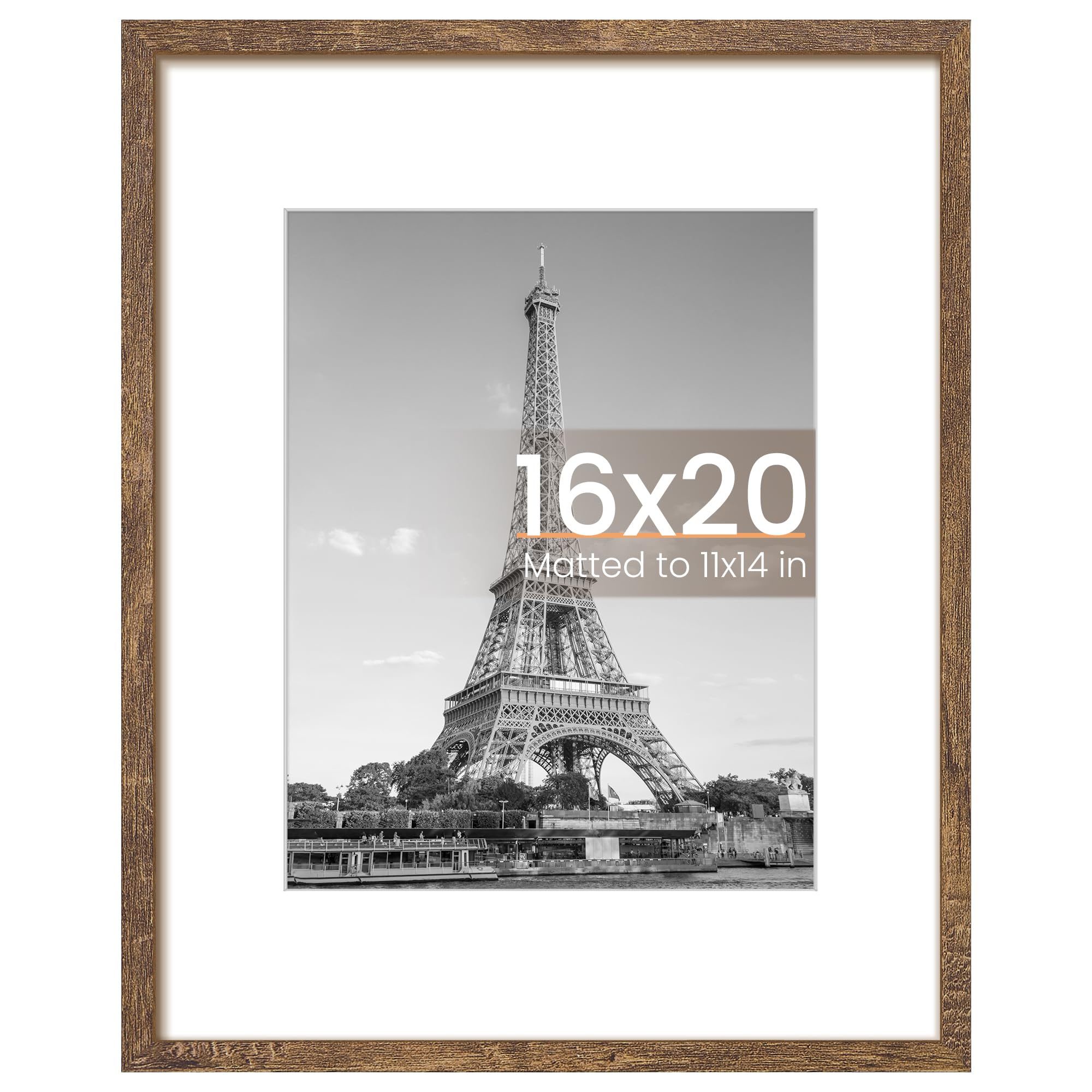 upsimples 16x20 Picture Frame, Display Pictures 11x14 with Mat or 16x20 Without Mat, Wall Hanging Photo Frame, Rustic Brown, 1 Pack