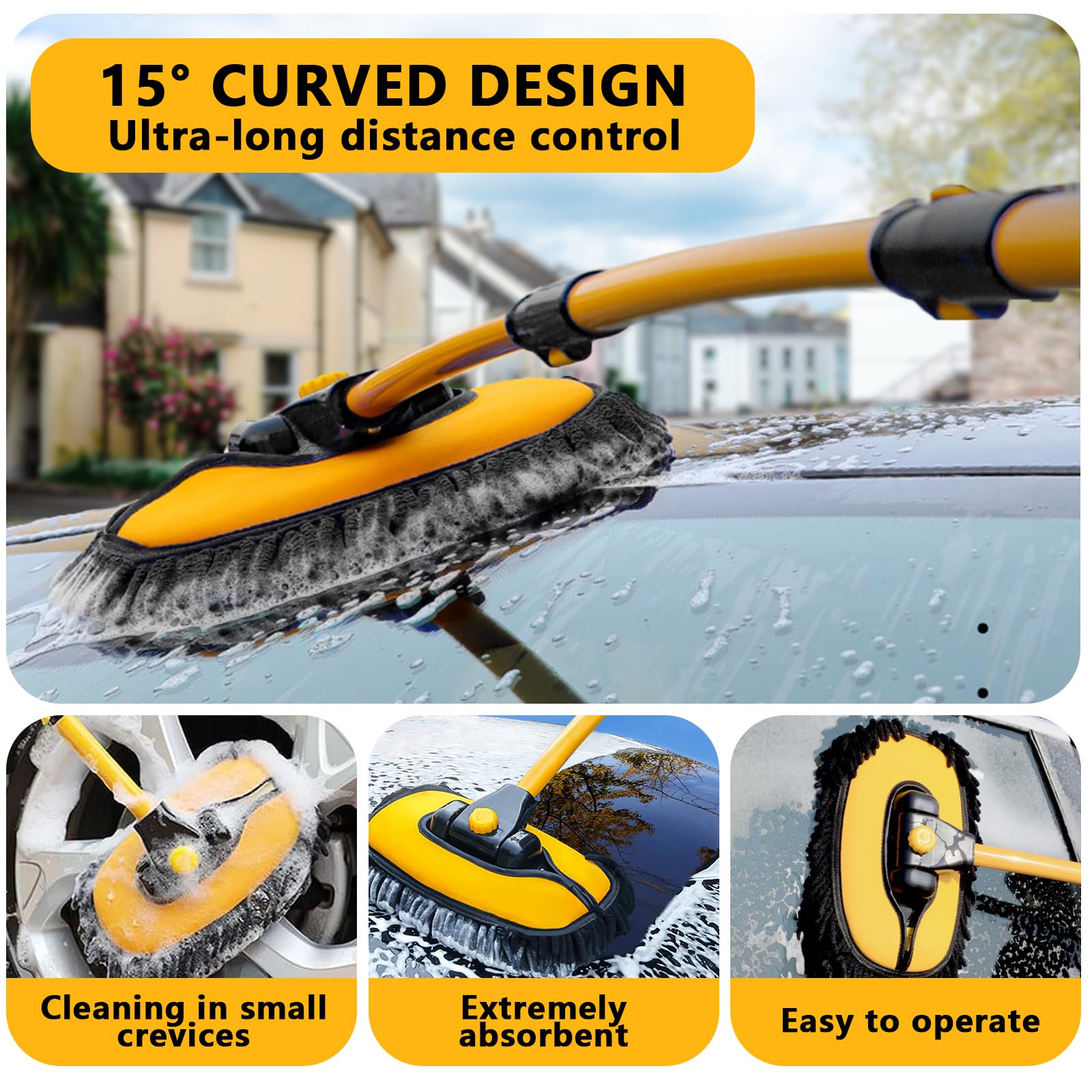 Kit di spazzole per lavaggio auto a 15° con manico telescopico, mocio a manico lungo con 2 teste in morbida ciniglia per camper, camion, auto, barca, strumento di pulizia antigraffio