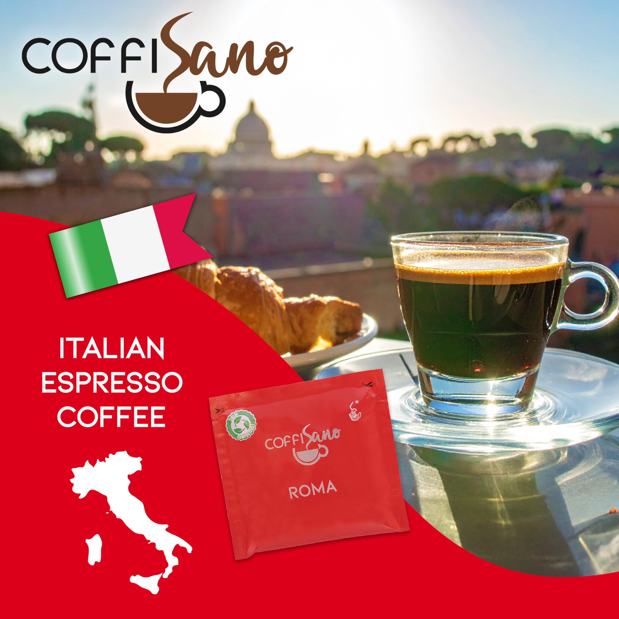 COFFISANO 50 Cialde Caffè in Filtro Carta Compostabile ESE 44 mm Miscela Roma, Bustine Espresso Italiano Monodose – Gusto Cremoso ed Equilibrato (Confezione da 4)