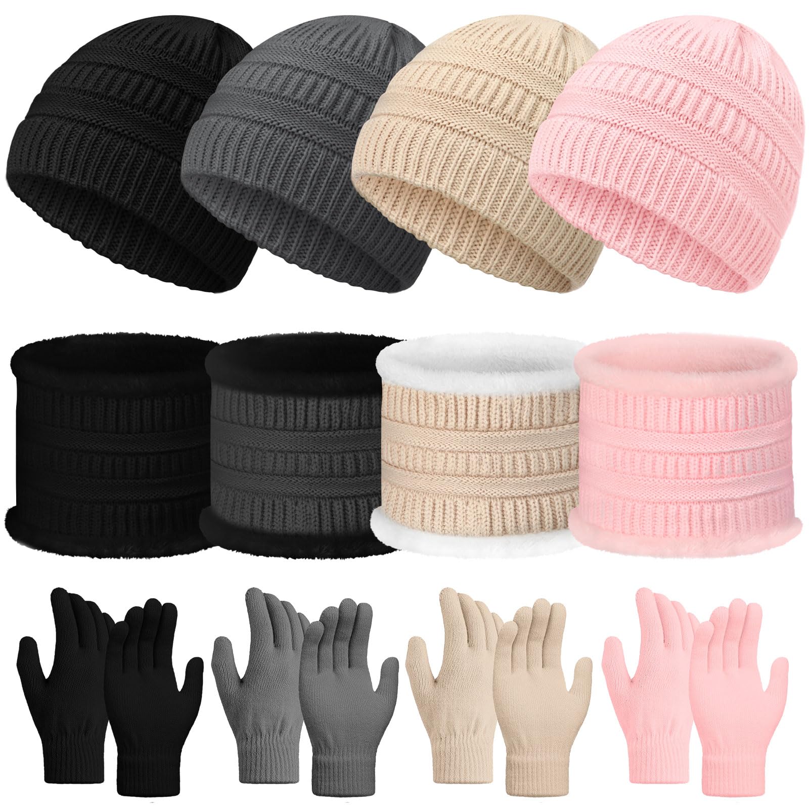 Jeere 12 Pcs Winter Hat Scarf Gloves Set Kids Knit Beanie Hat Fleece Lining Scarf Mittens for Boys Girls 3-12 Years