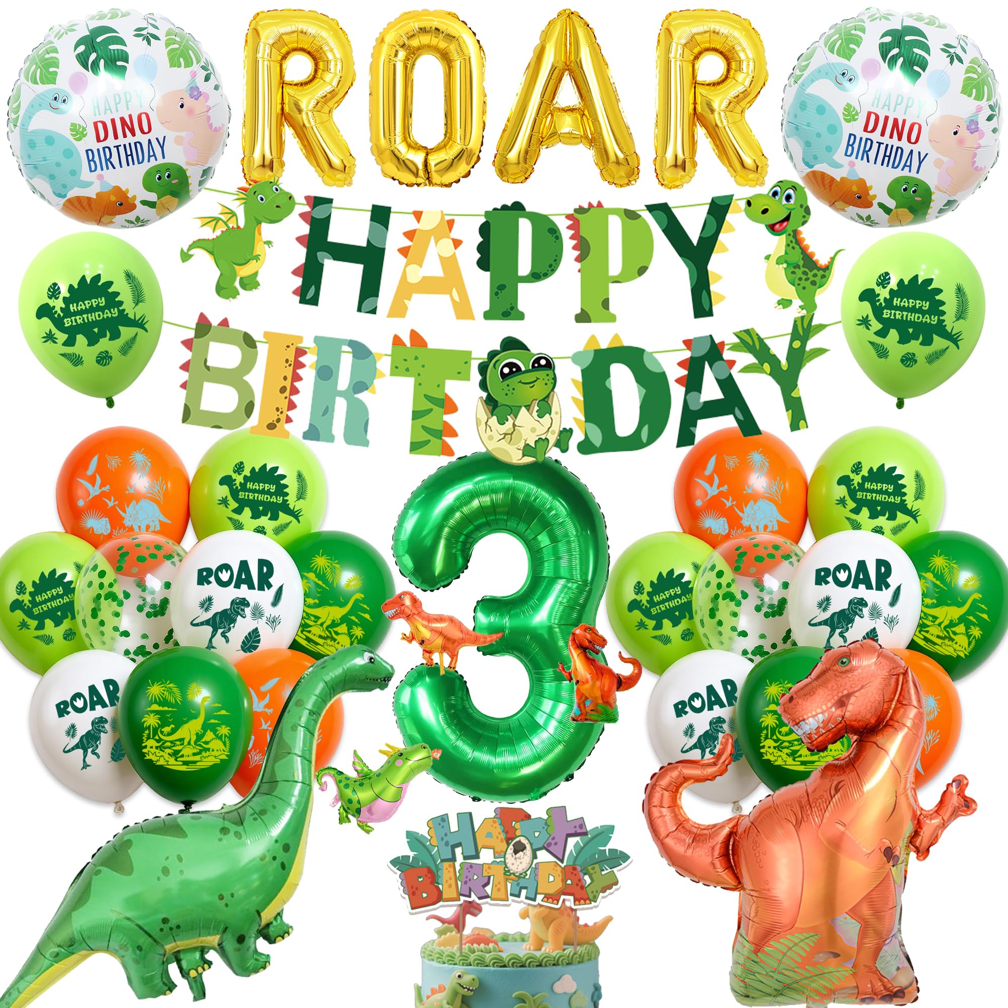 Dinosaur 3rd Birthday Balloons for Boys - Dino Happy Birthday Banner and gold ROAR Letter Balloons, Large Dinosaur and Green Numbe 3 Foil Balloon Cake Topper for Kids 3 Years Old Jungle Party Decor